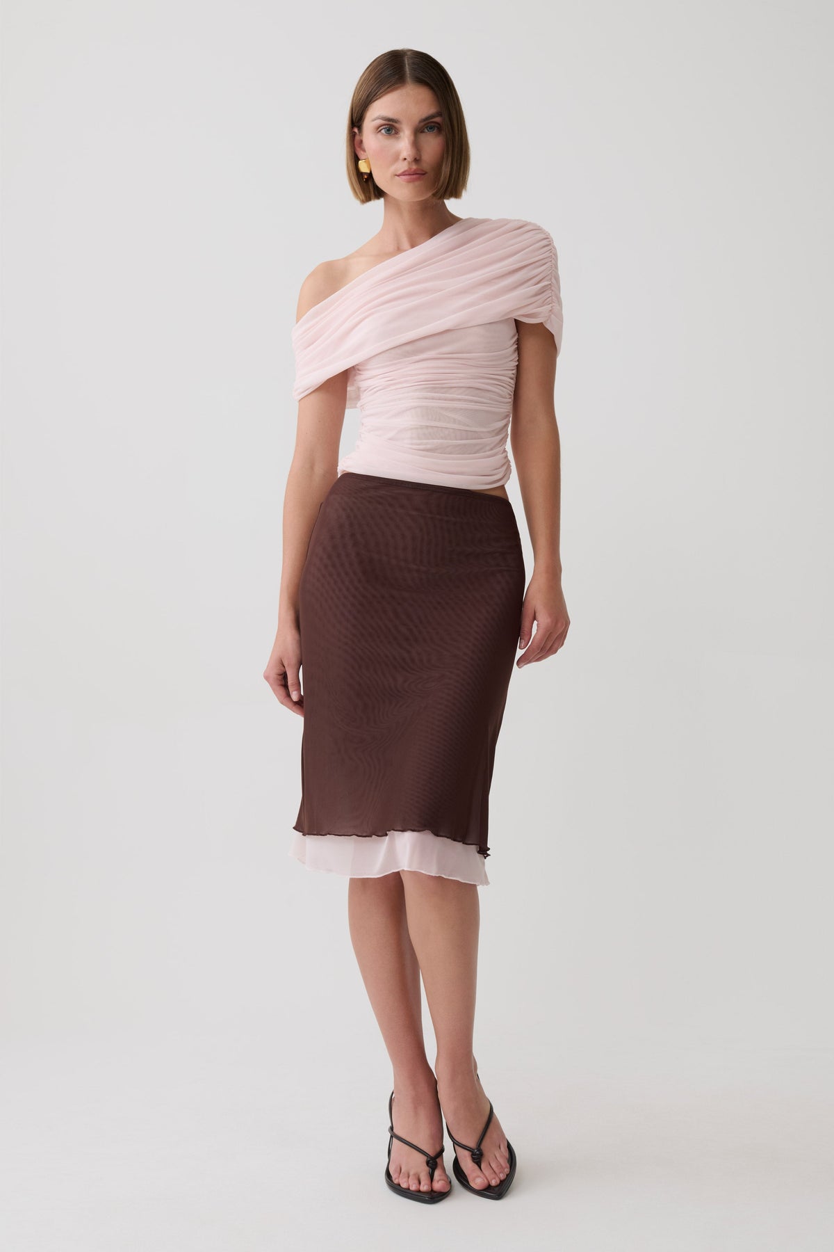 Janet Mesh Midi Skirt - Pale Pink/Chocolate