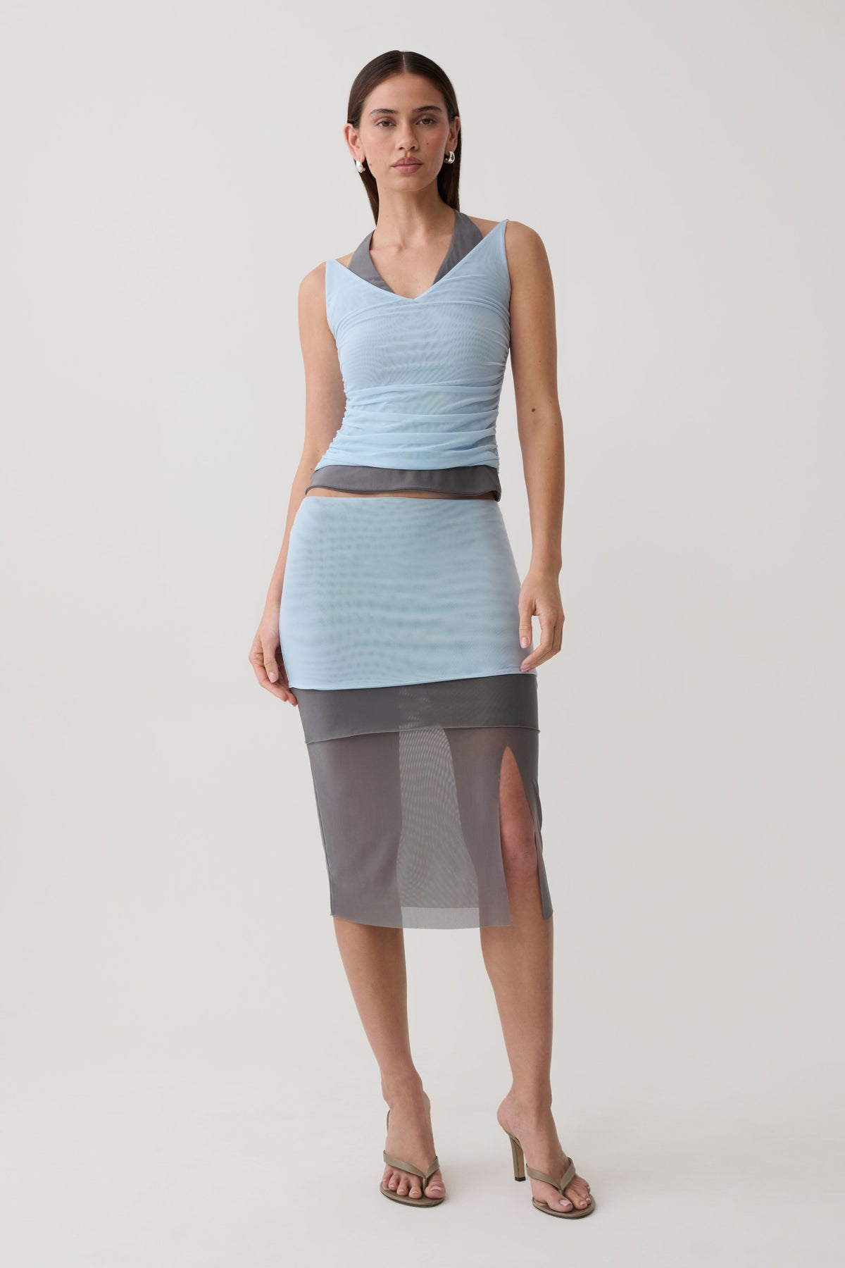 Arielle Mesh Layered Midi Skirt - Pale Blue/Navy