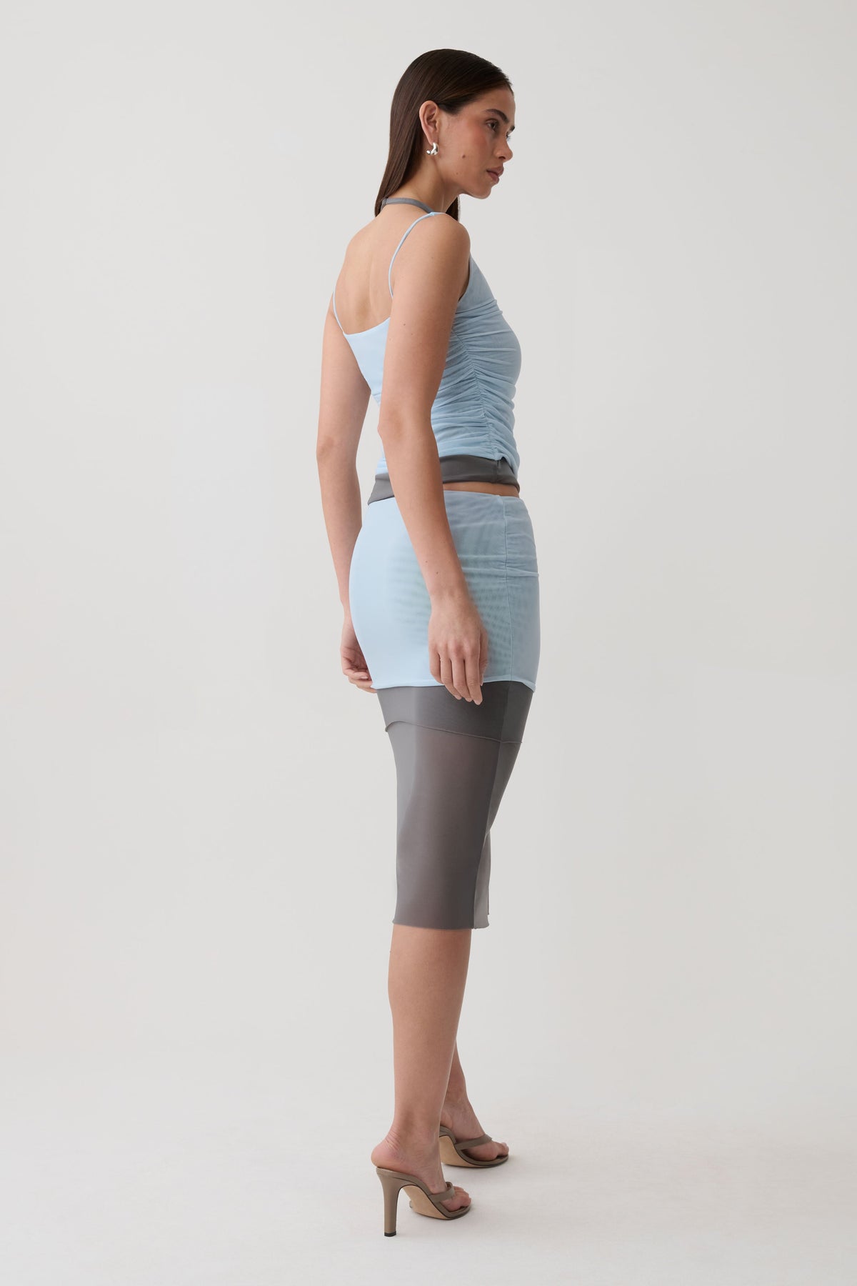 Arielle Mesh Layered Midi Skirt - Pale Blue/Navy