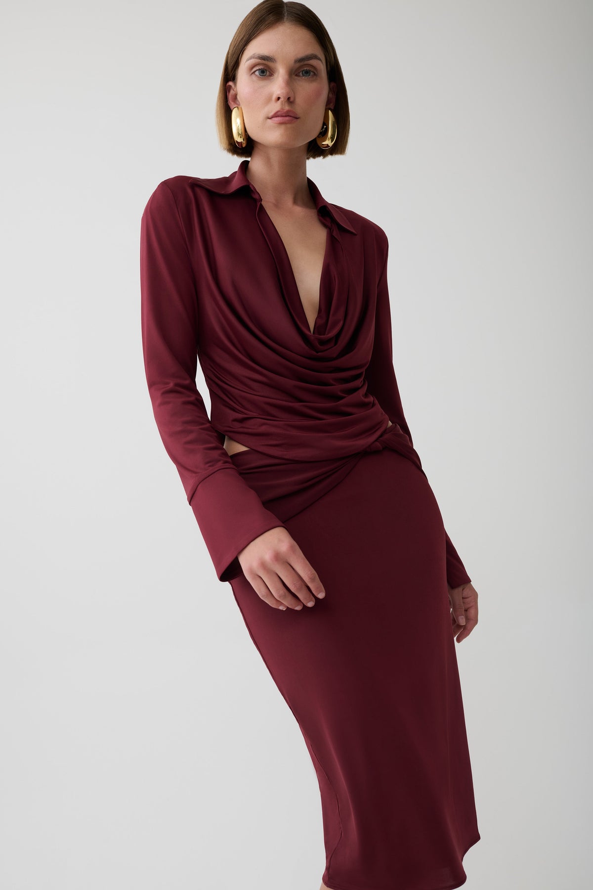 Svetlana Twist Side Detail Midi Skirt - Wine
