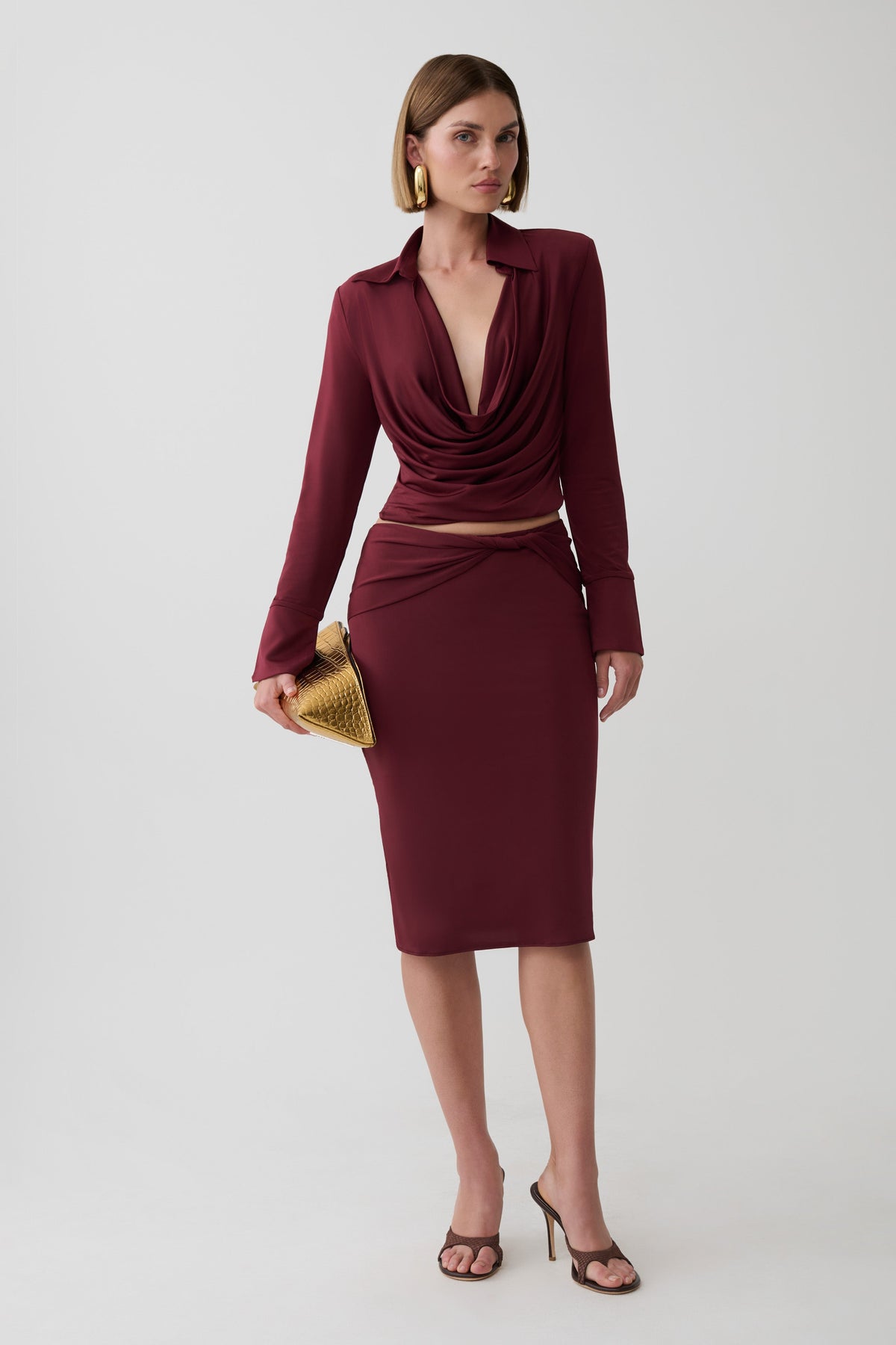 Svetlana Twist Side Detail Midi Skirt - Wine