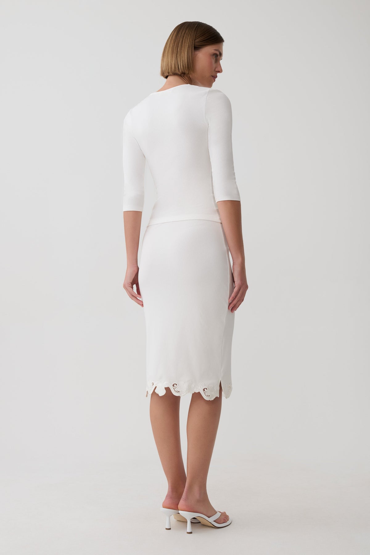 Jane Broiderie Ribbed Midi Skirt - White