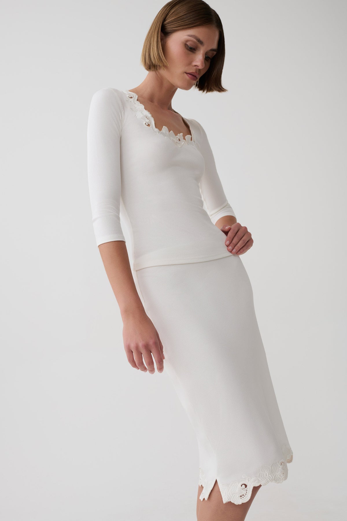 Jane Broiderie Ribbed Midi Skirt - White