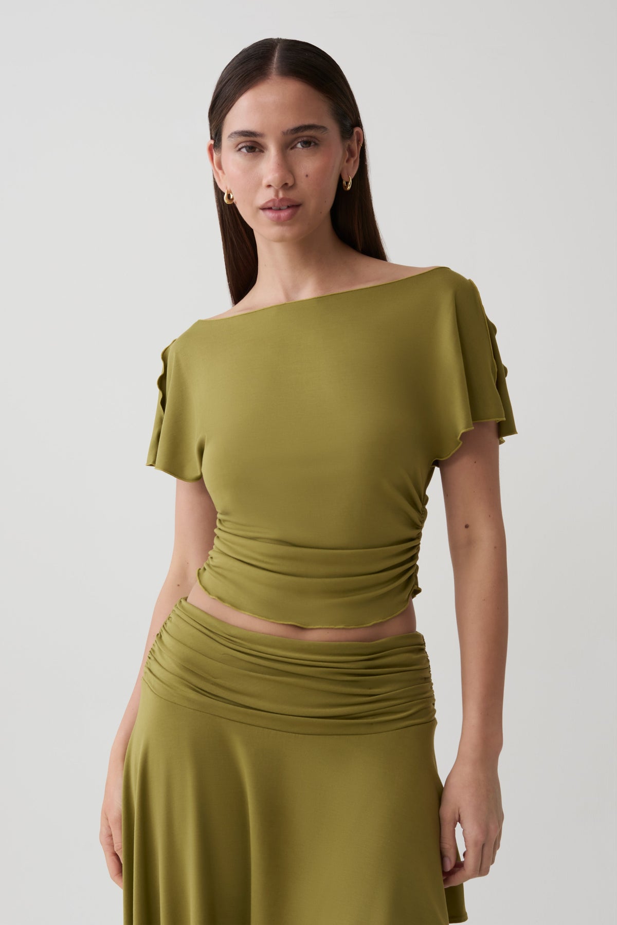 Talise Modal Flounce Short Sleeve Top - Vintage Olive