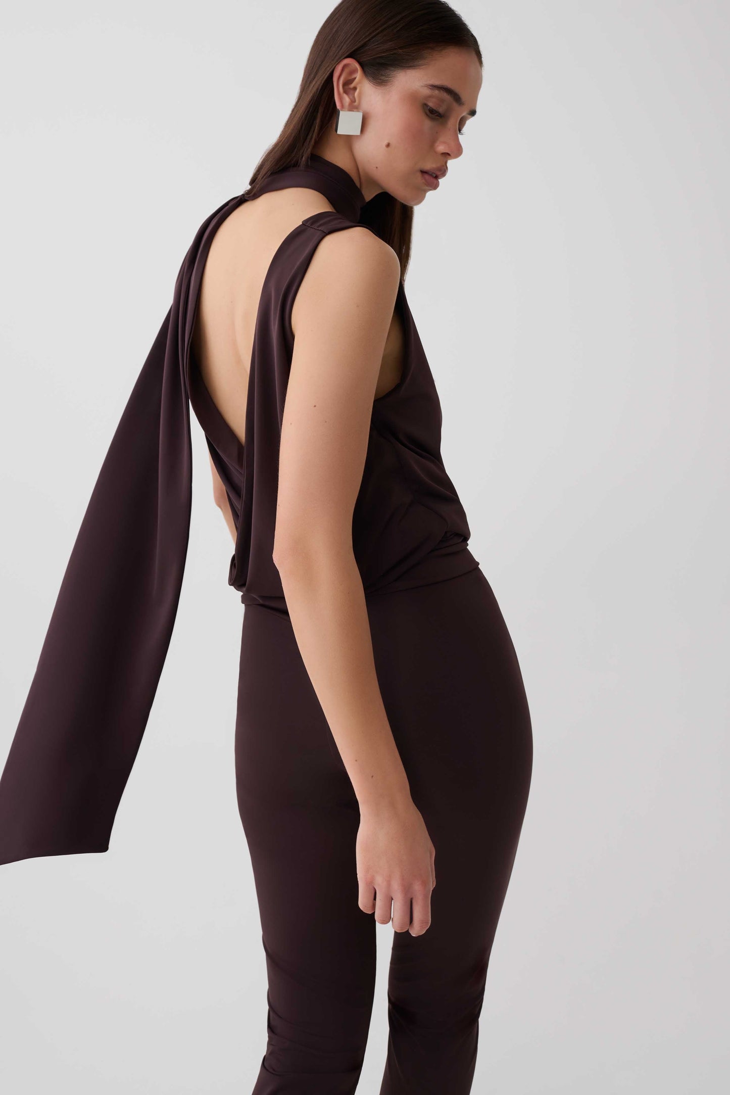 Raisa Overlap Top With Neck Scarf - Chocolate
