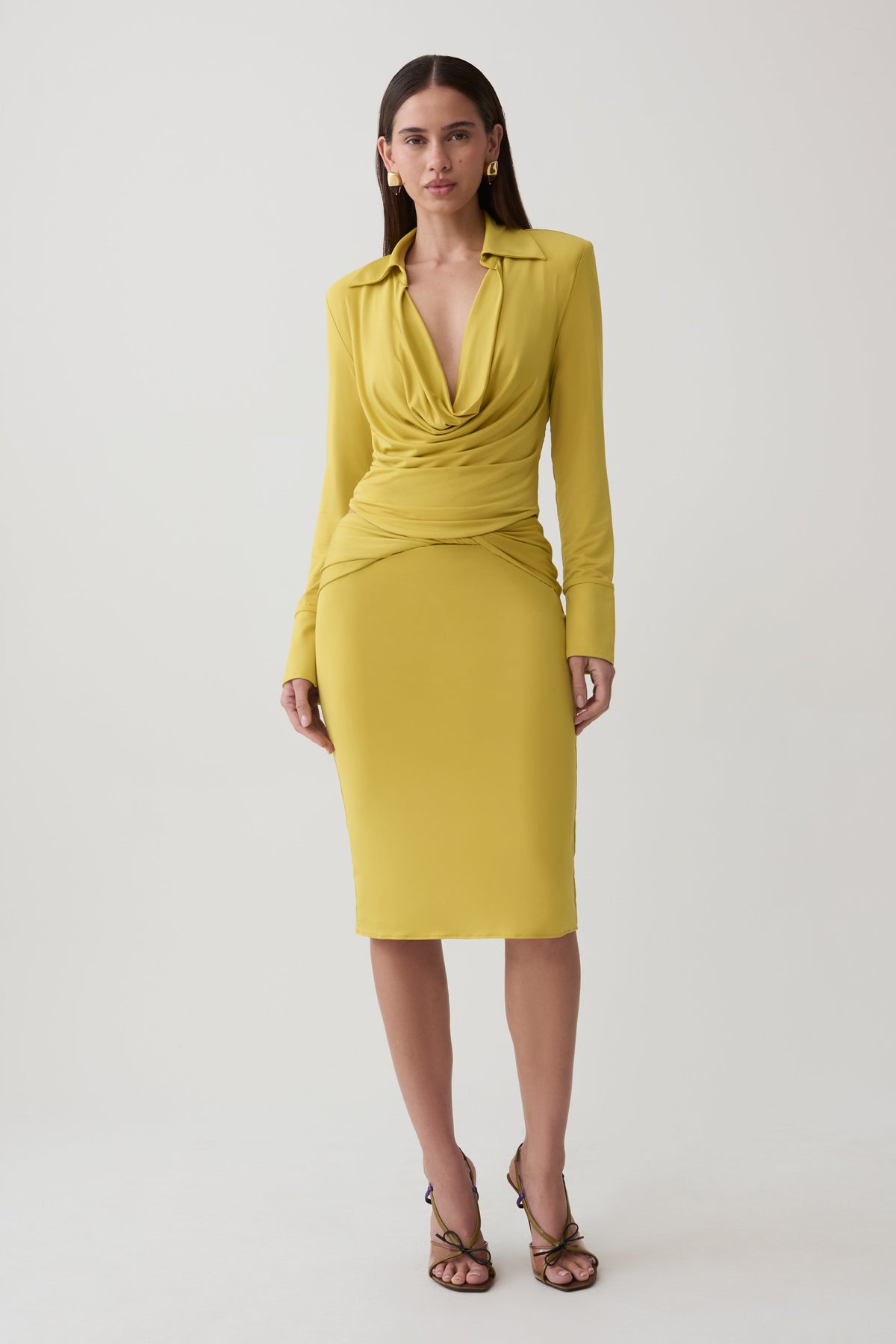 Elmira Long Sleeve Slinky Gather Detail Top - Chartreuse