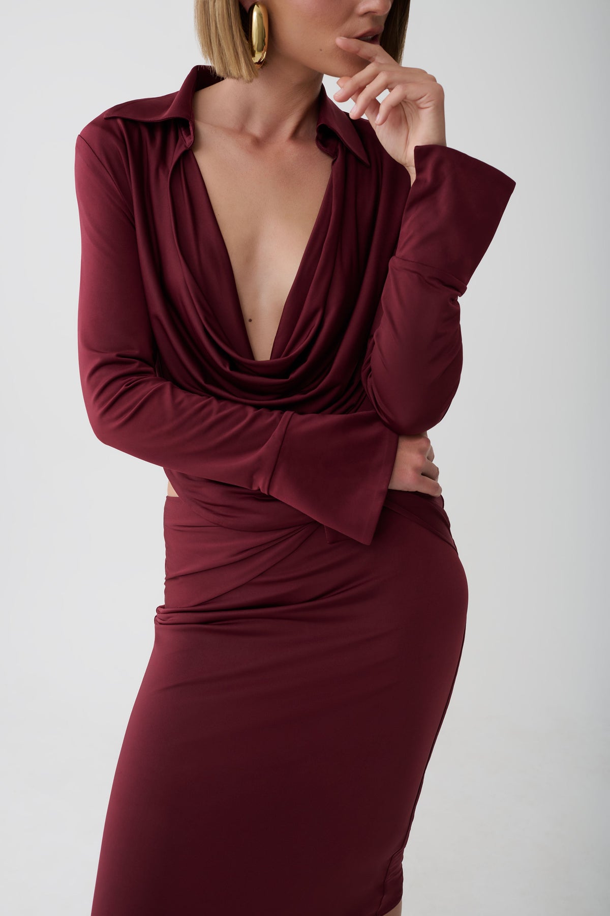 Elmira Long Sleeve Slinky Gather Detail Top - Wine