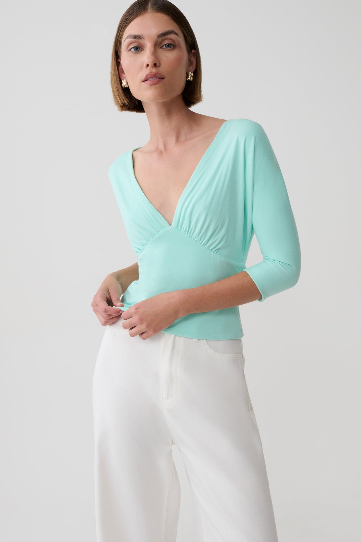 Mya Plunge V Neck Short Sleeve Top - Aqua Blue