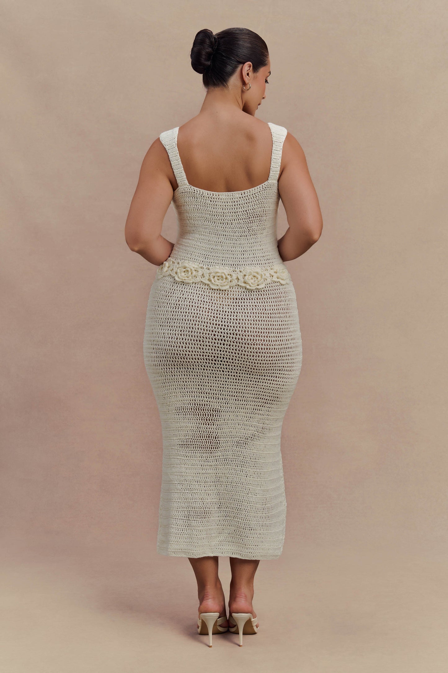 Teagan Floral Hand Crochet Midi Dress - Ivory