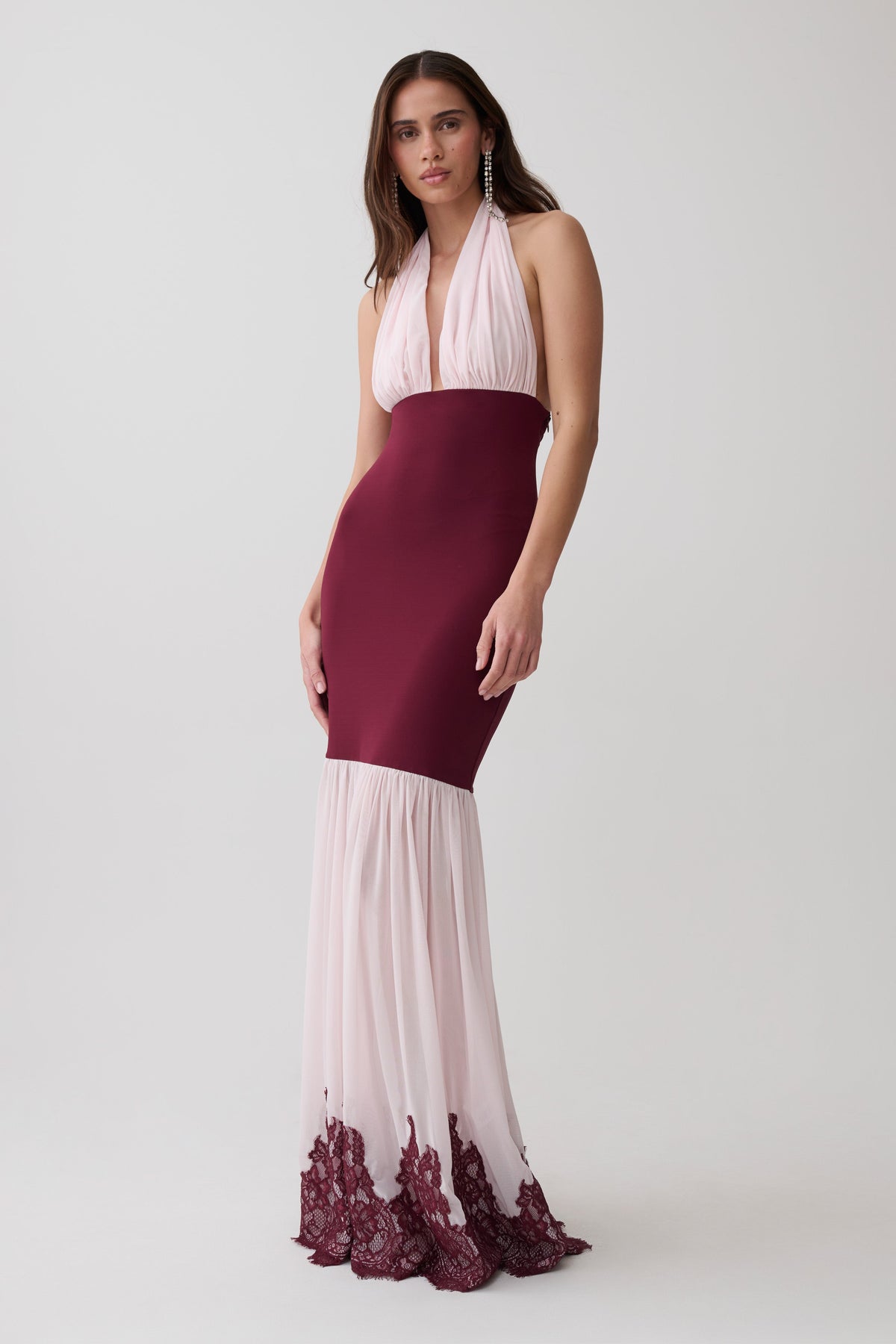 Leeana Jersey And Lace Halter Maxi Dress - Burgundy/Pink
