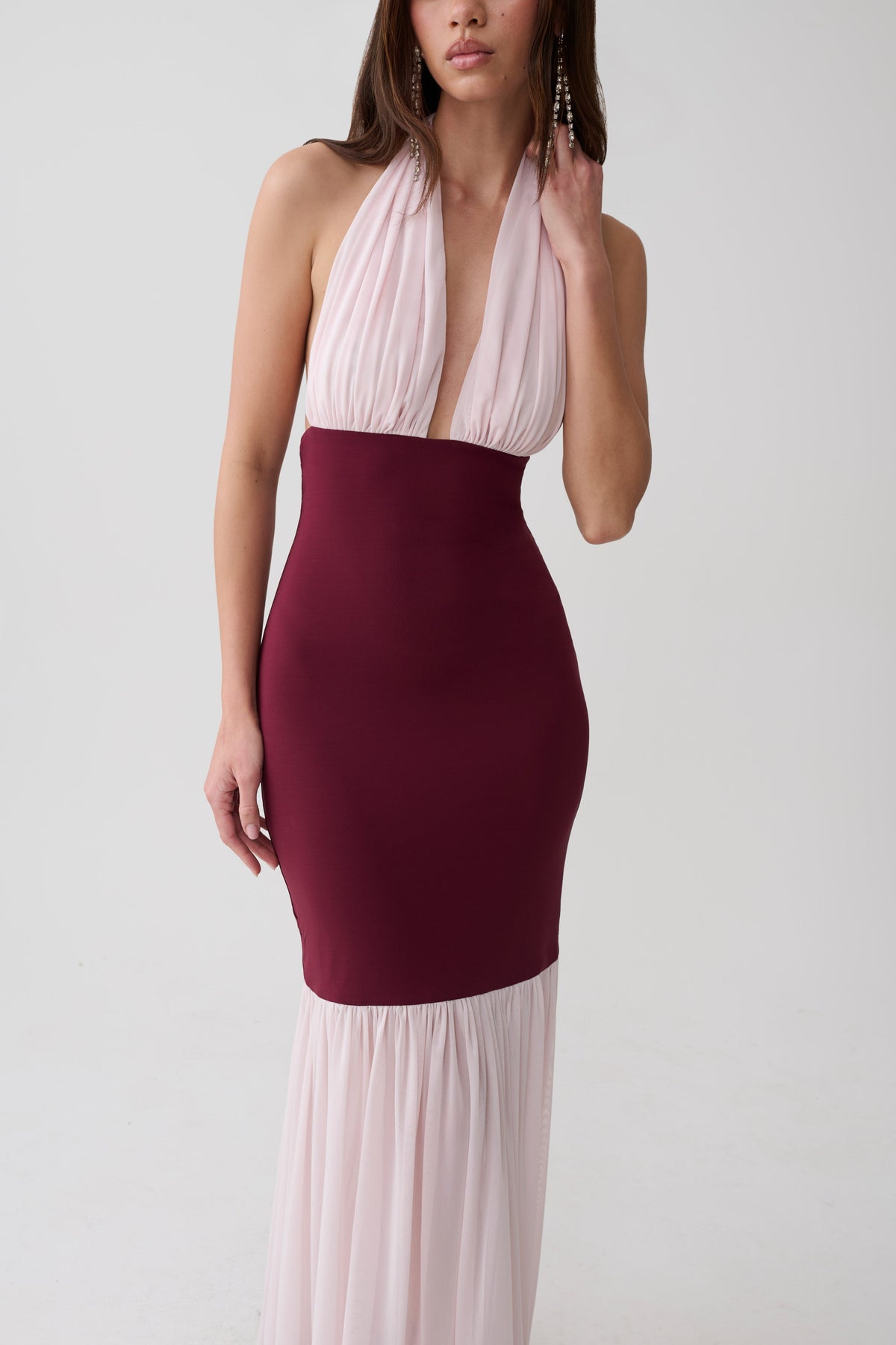 Leeana Jersey And Lace Halter Maxi Dress - Burgundy/Pink