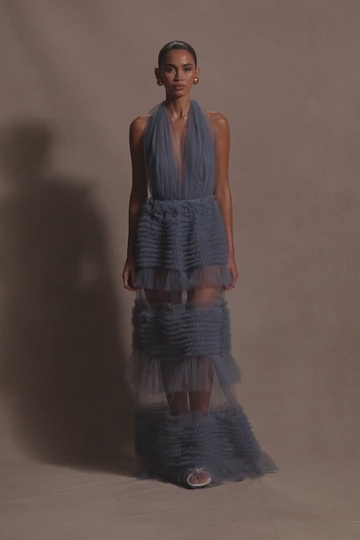 Minka Mesh Ruffle Halter Maxi Dress Dusty Blue MESHKI US