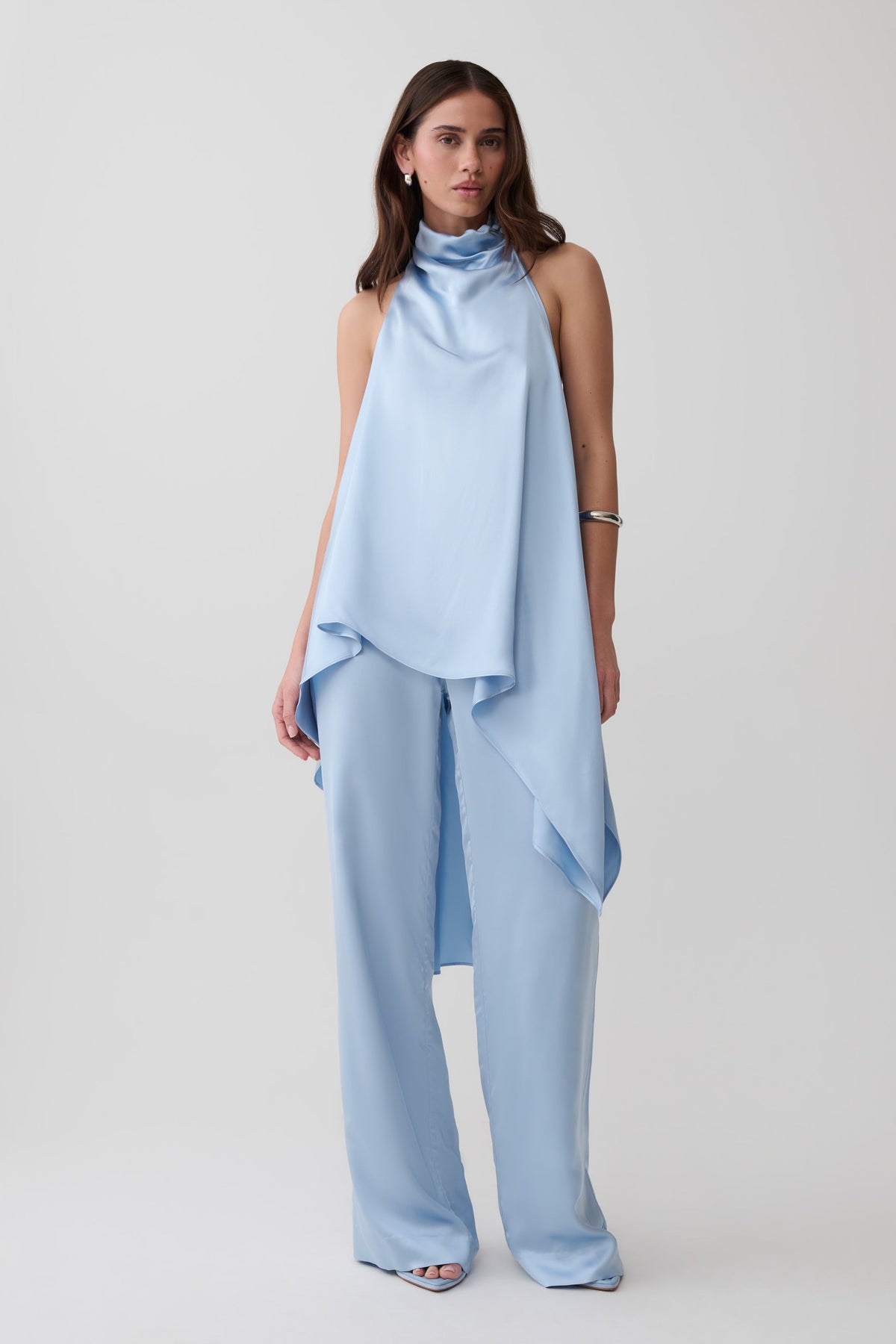 Sydney Asymmetrical Satin Halter Top - Cornflower Blue