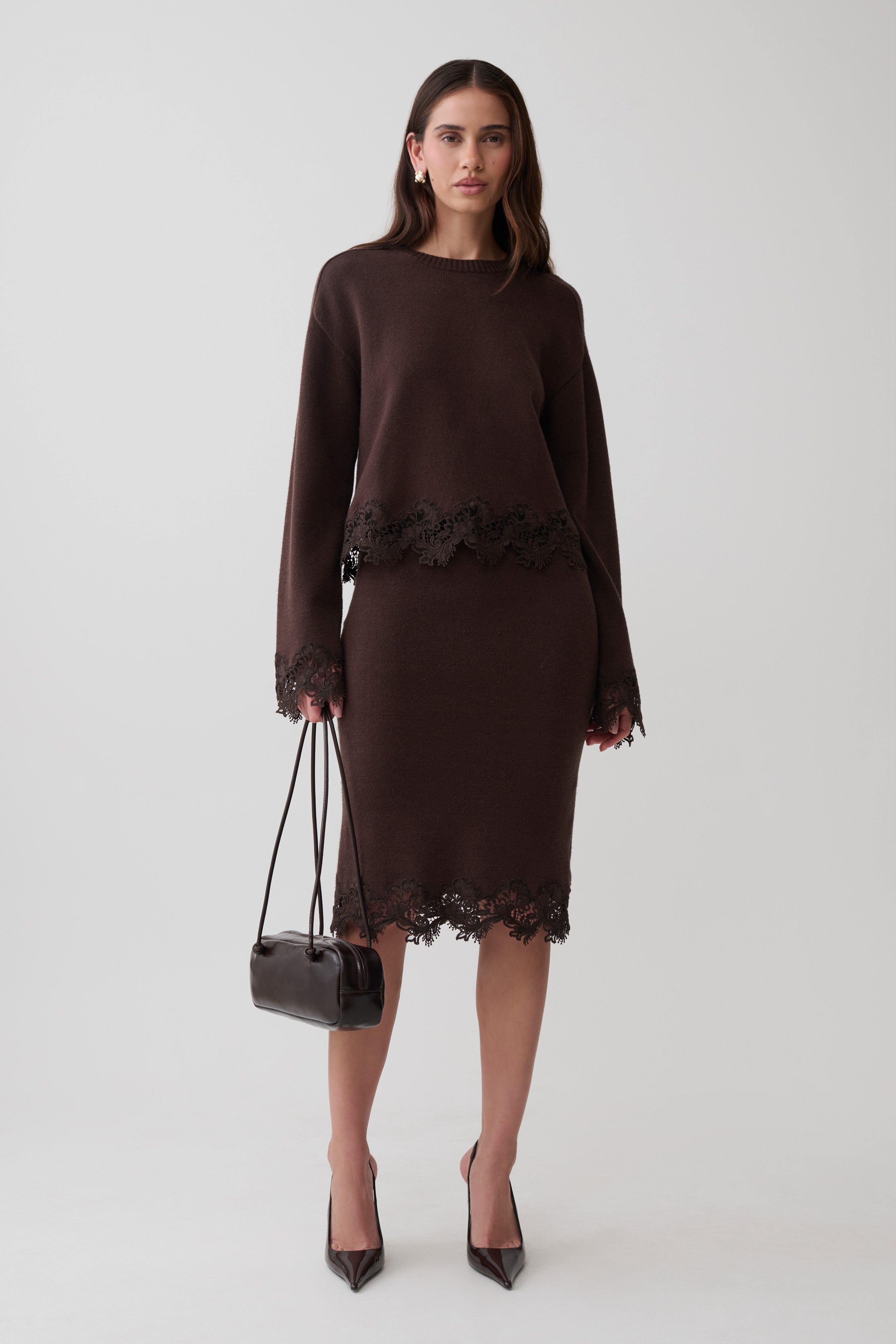 Treat Ürself classy line jumper skirt Kaelin Lace Knit Jumper - Chocolate | MESHKI US