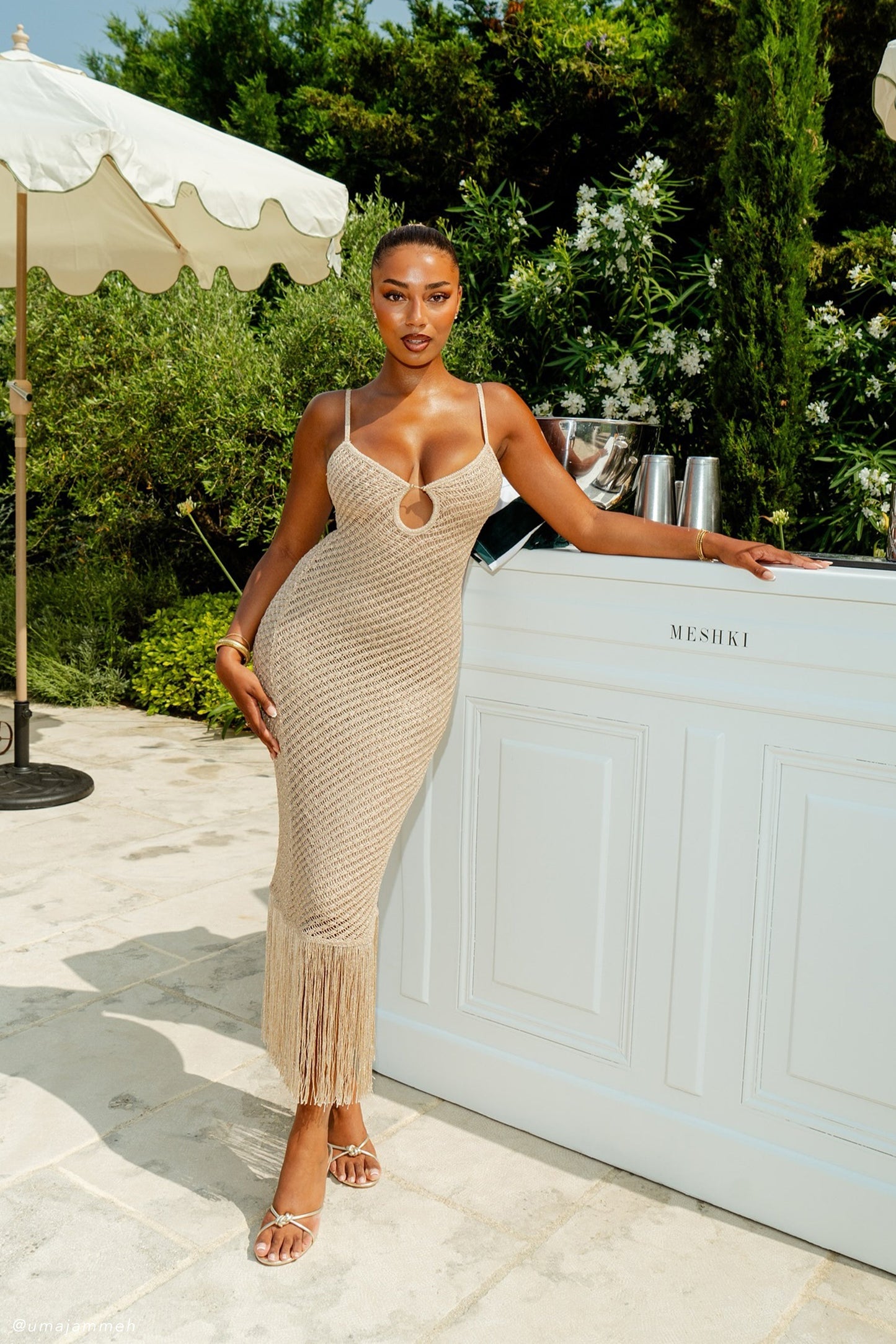 Raelynn Metallic Knit Fringe Midi Dress - Gold