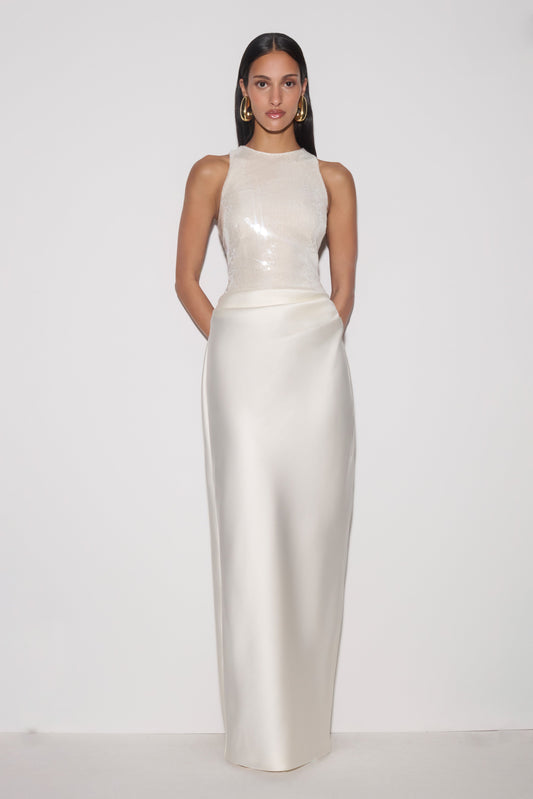 Addison Sequin & Satin Maxi Dress - White