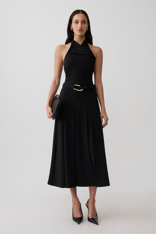 Alecto Crepe Halter Midi Dress With Belt - Black