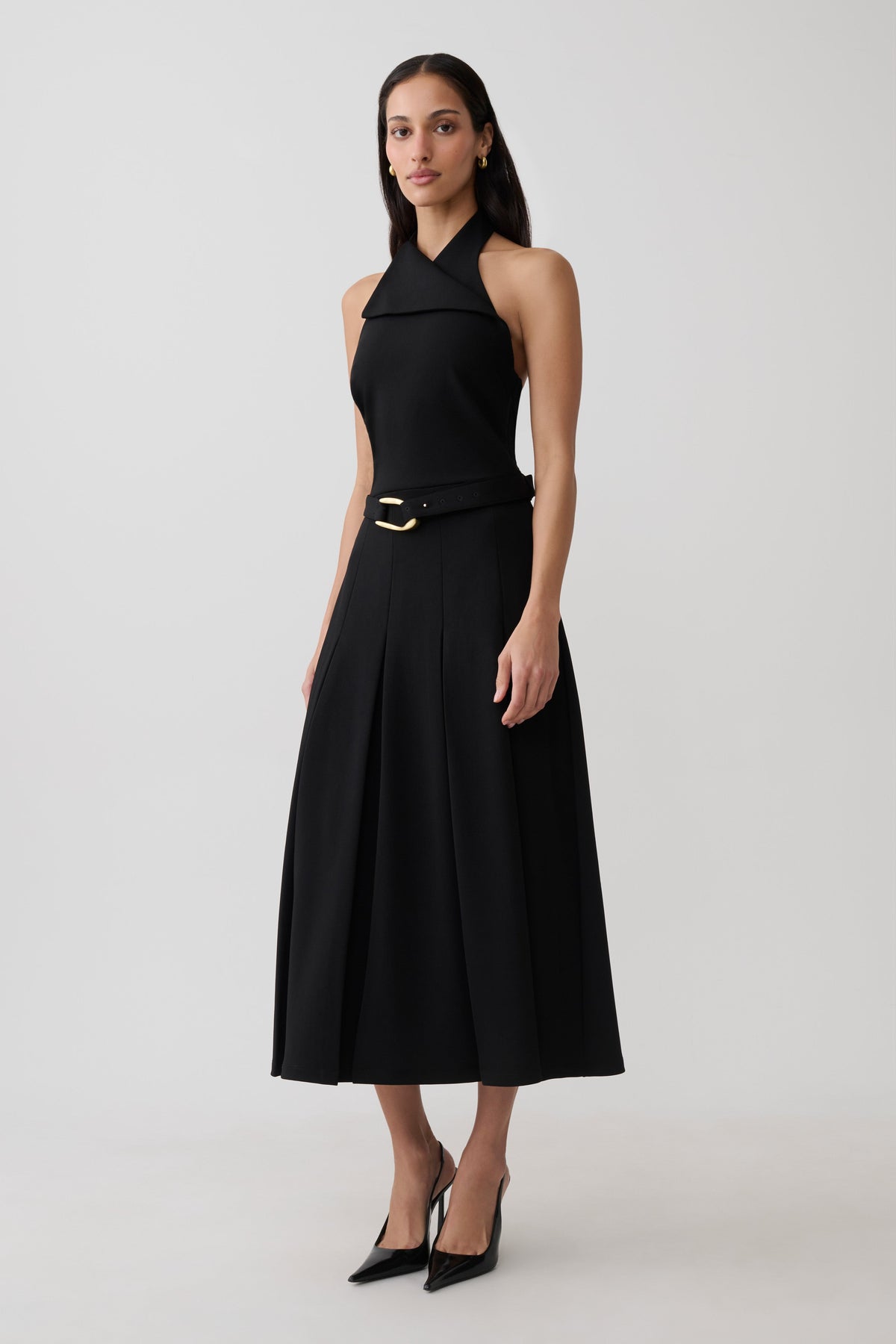 Alecto Crepe Halter Midi Dress With Belt - Black