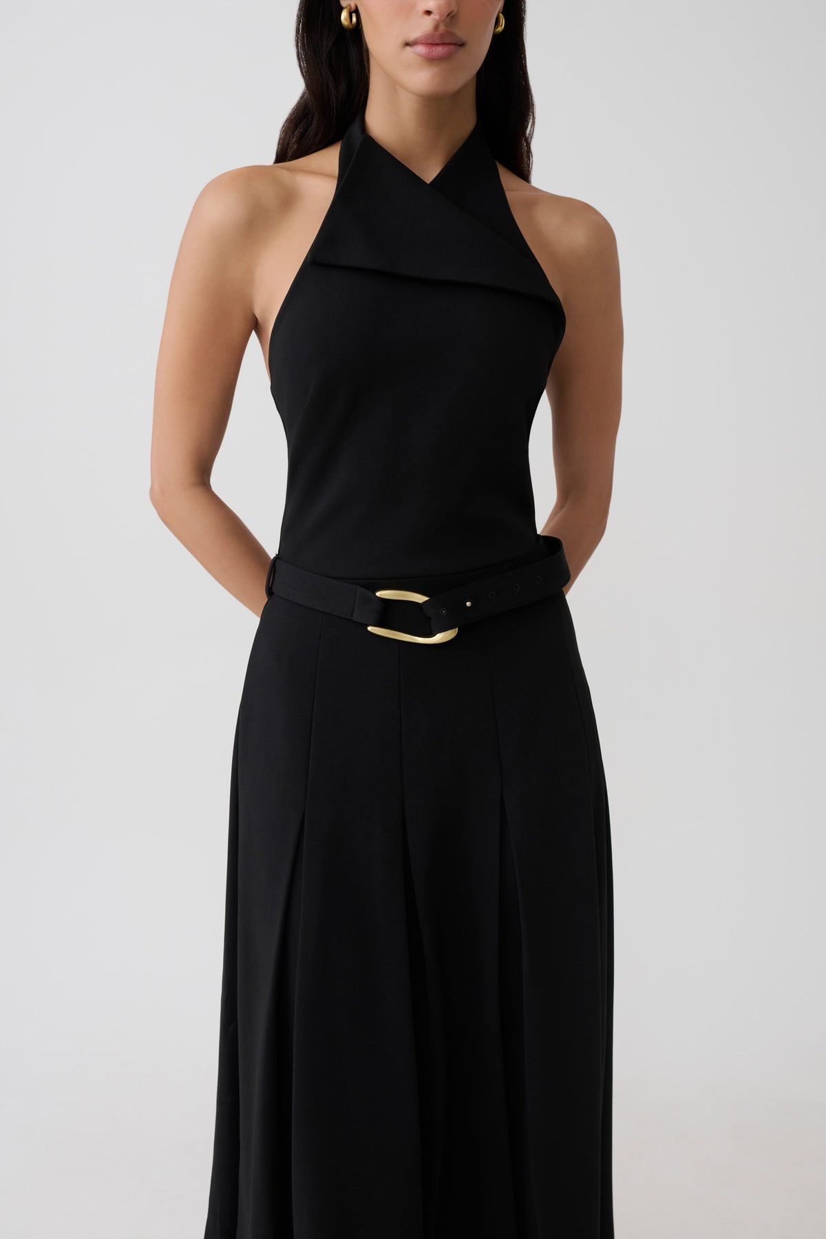 Alecto Crepe Halter Midi Dress With Belt - Black