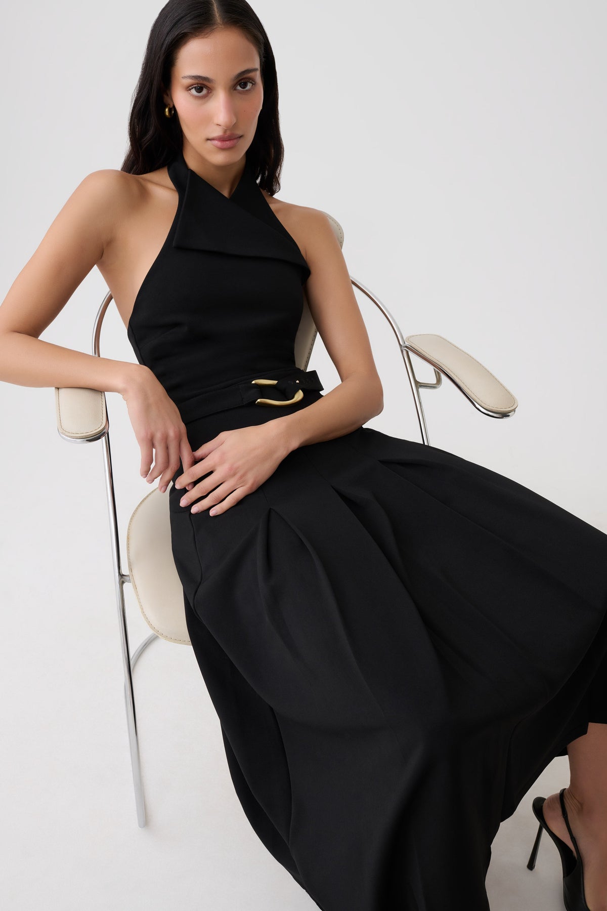 Alecto Crepe Halter Midi Dress With Belt - Black #7