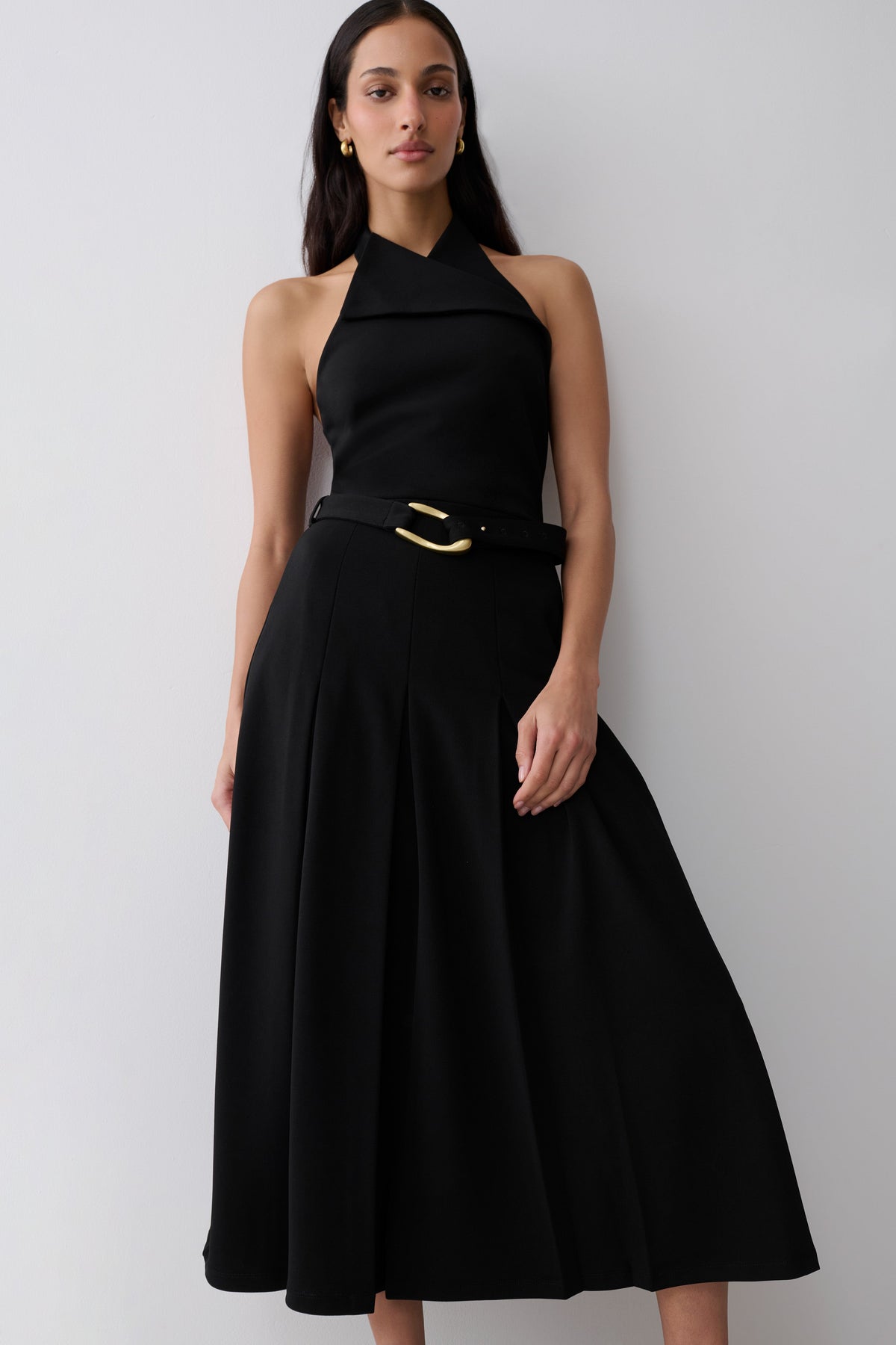 Alecto Crepe Halter Midi Dress With Belt - Black #4