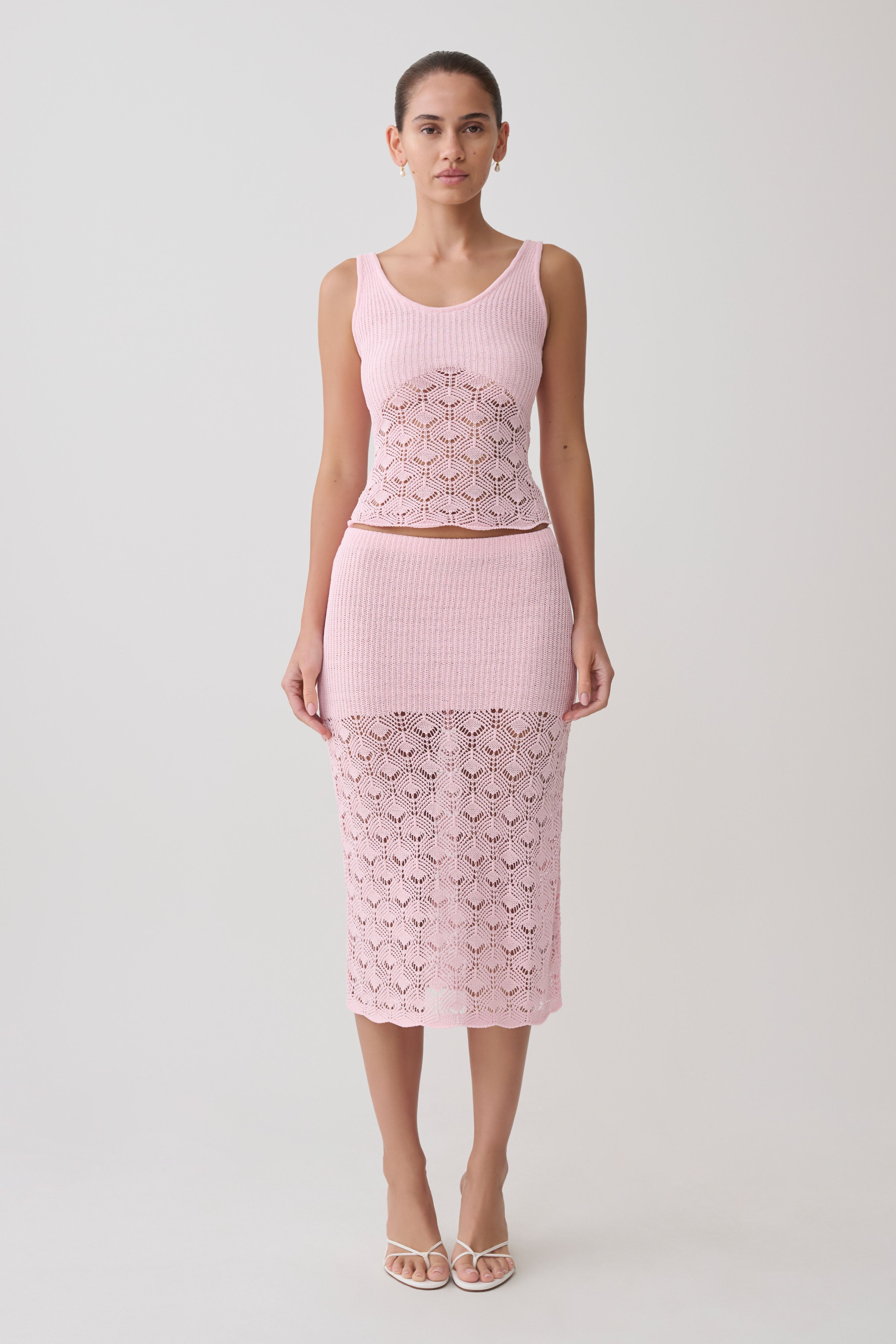 Atlantis Crochet Knit Midi Skirt - Baby Pink | MESHKI US