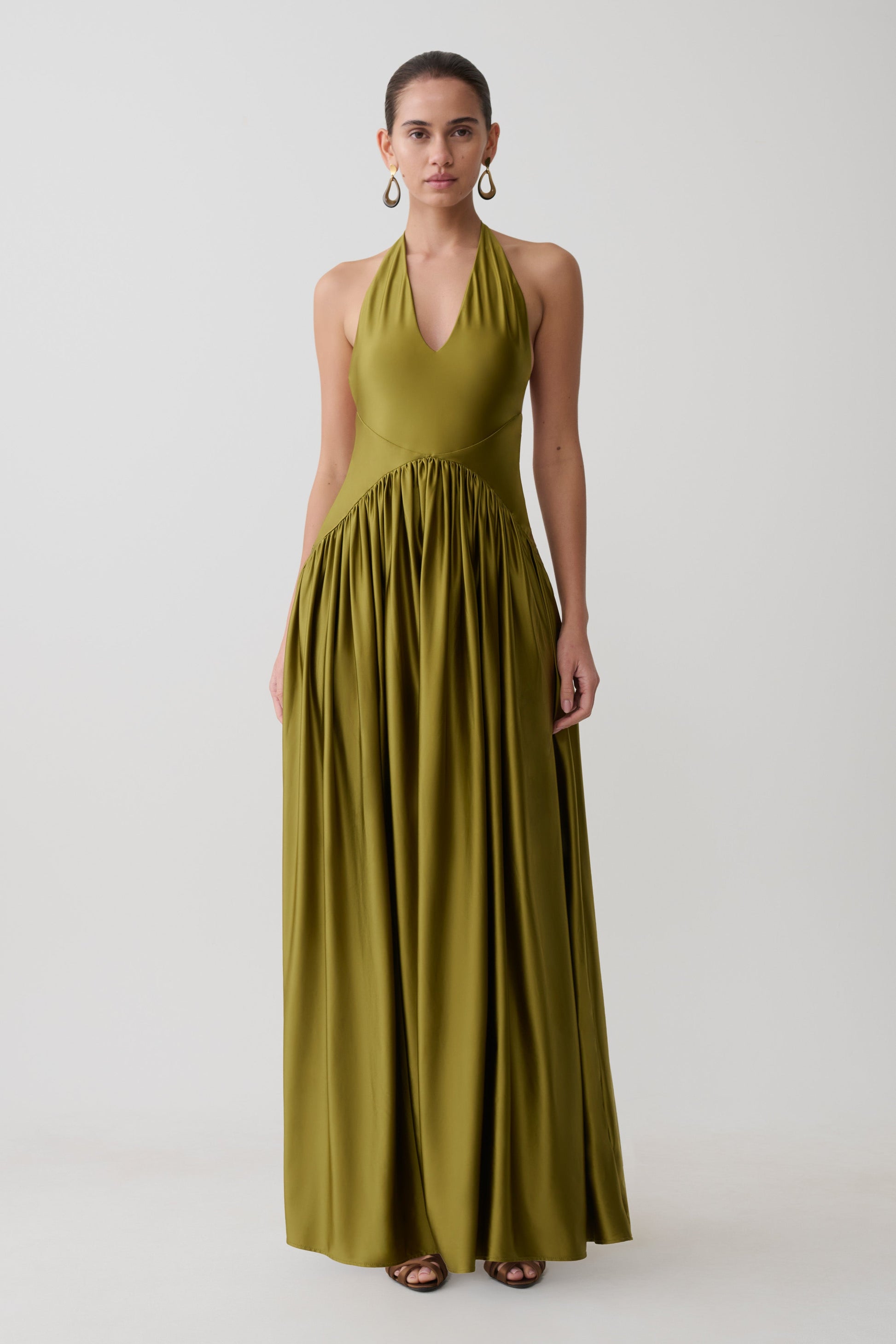 olive green halter dress STREAM LONG HALTER DRESS - Rayon Viscose Satin