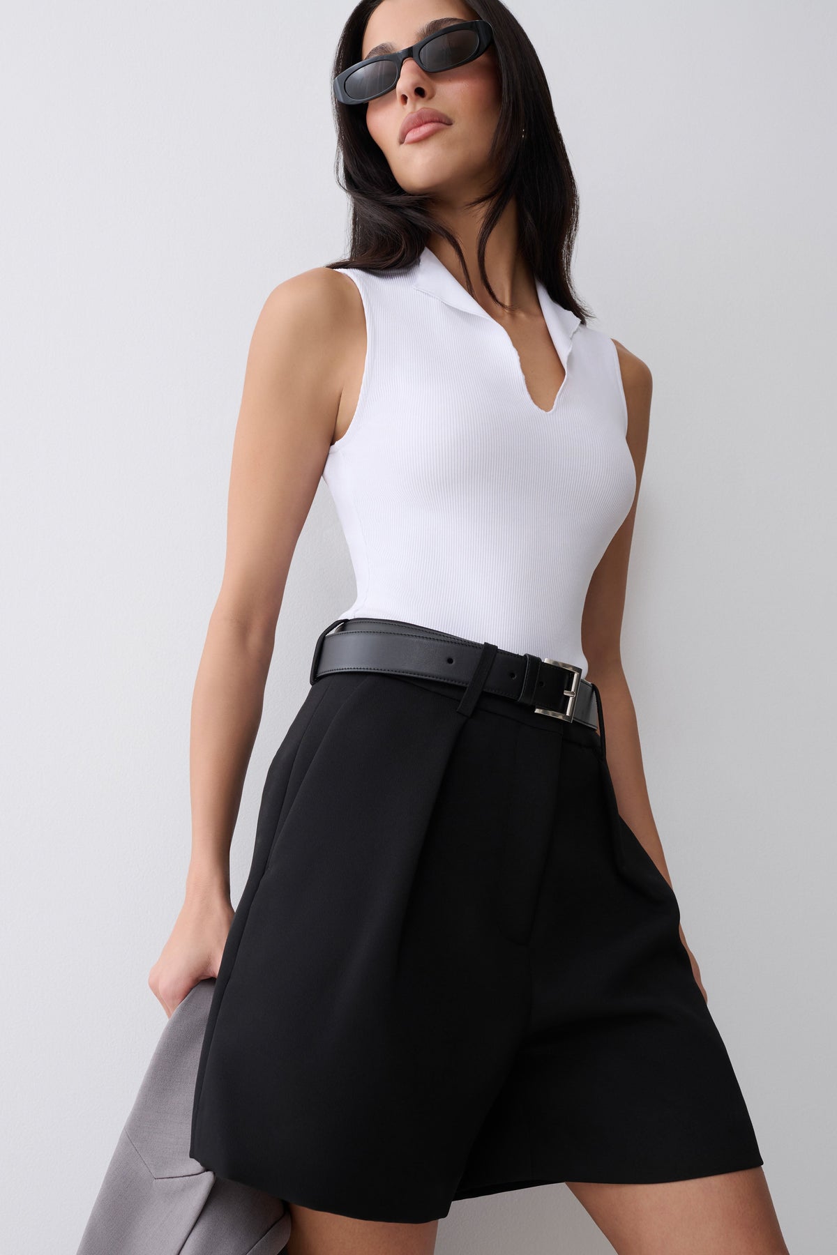 Myrtle Ribbed Sleeveless Lapel Top - White #4