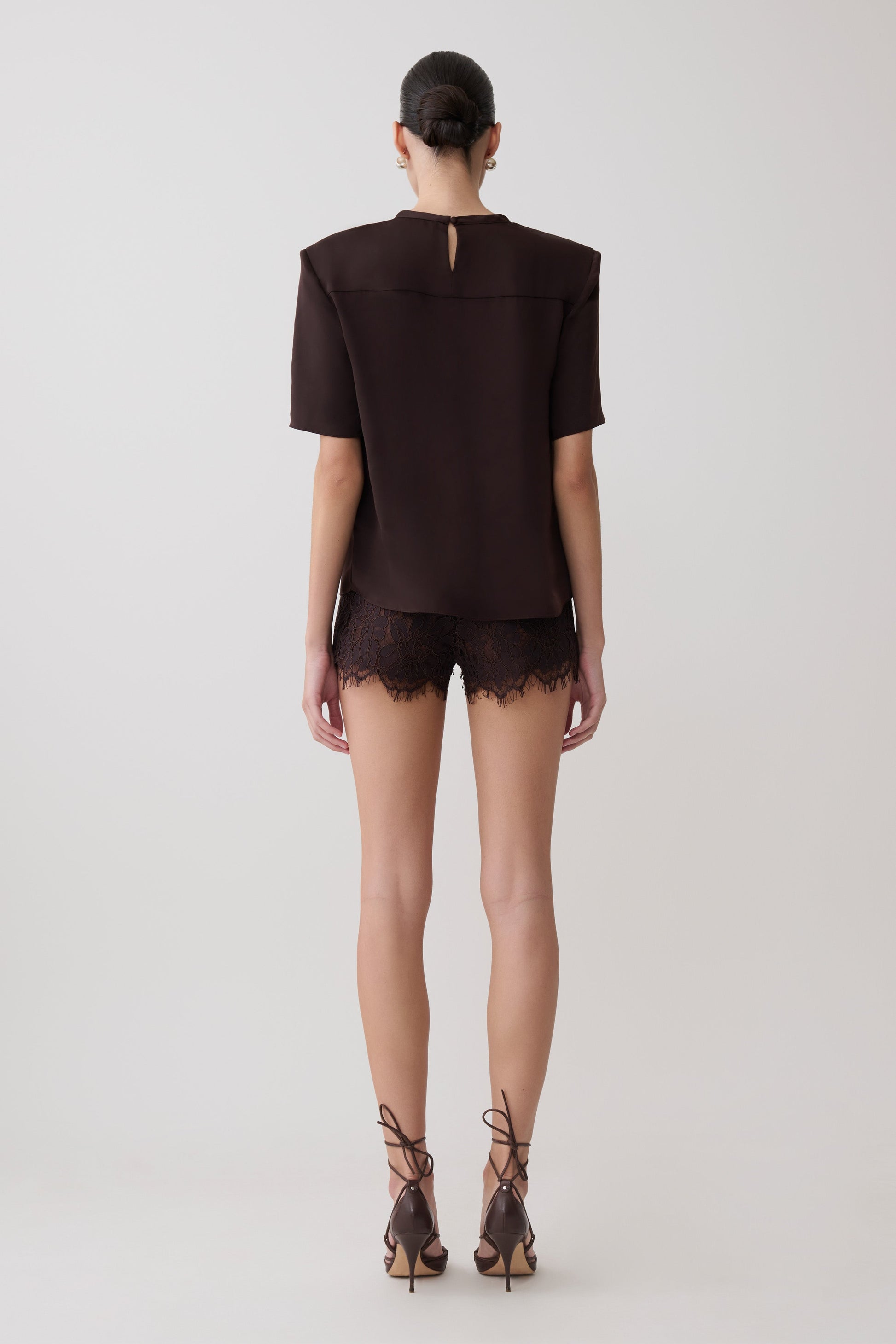 Harlyn Shoulder Pad Short Sleeve Satin Top - Dark Chocolate #6