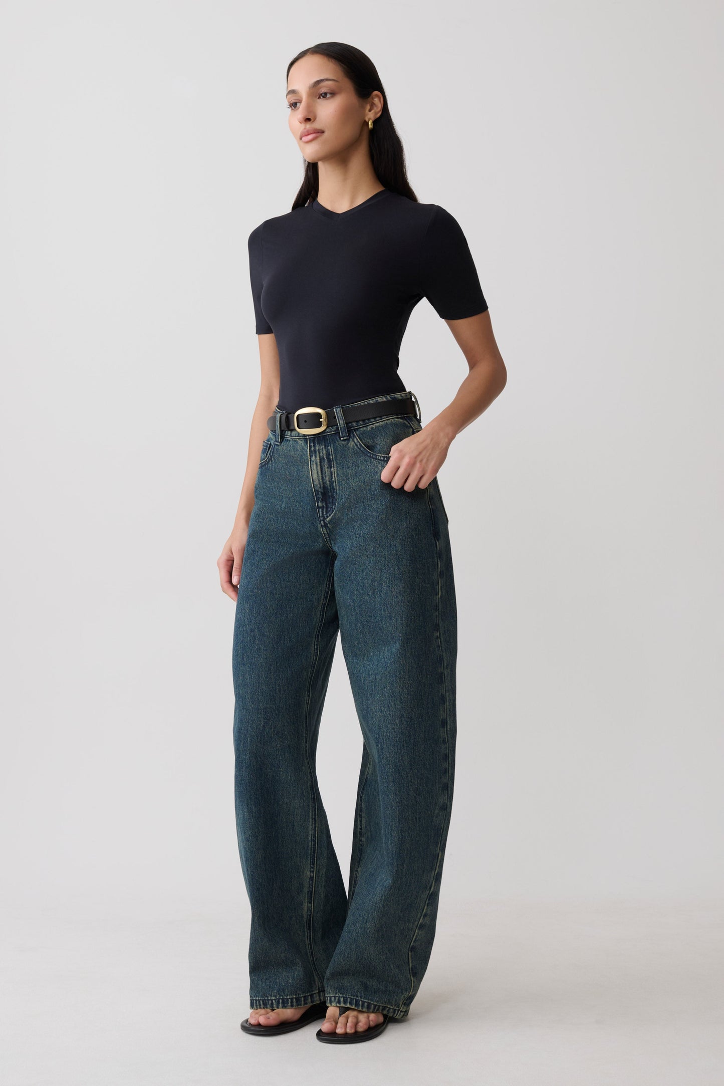 Janelle High V Neck Short Sleeve Top - Black