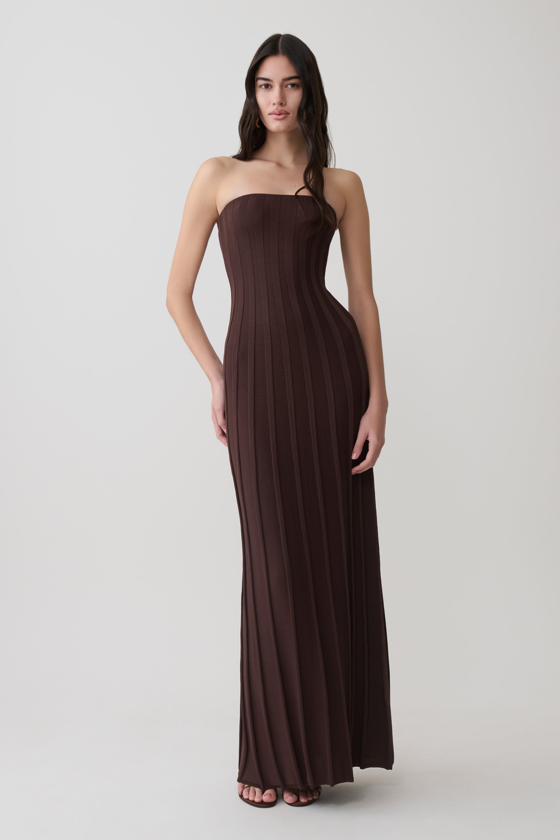 Pia Ribbed Strapless Maxi Dress / Chocolate | MESHKI