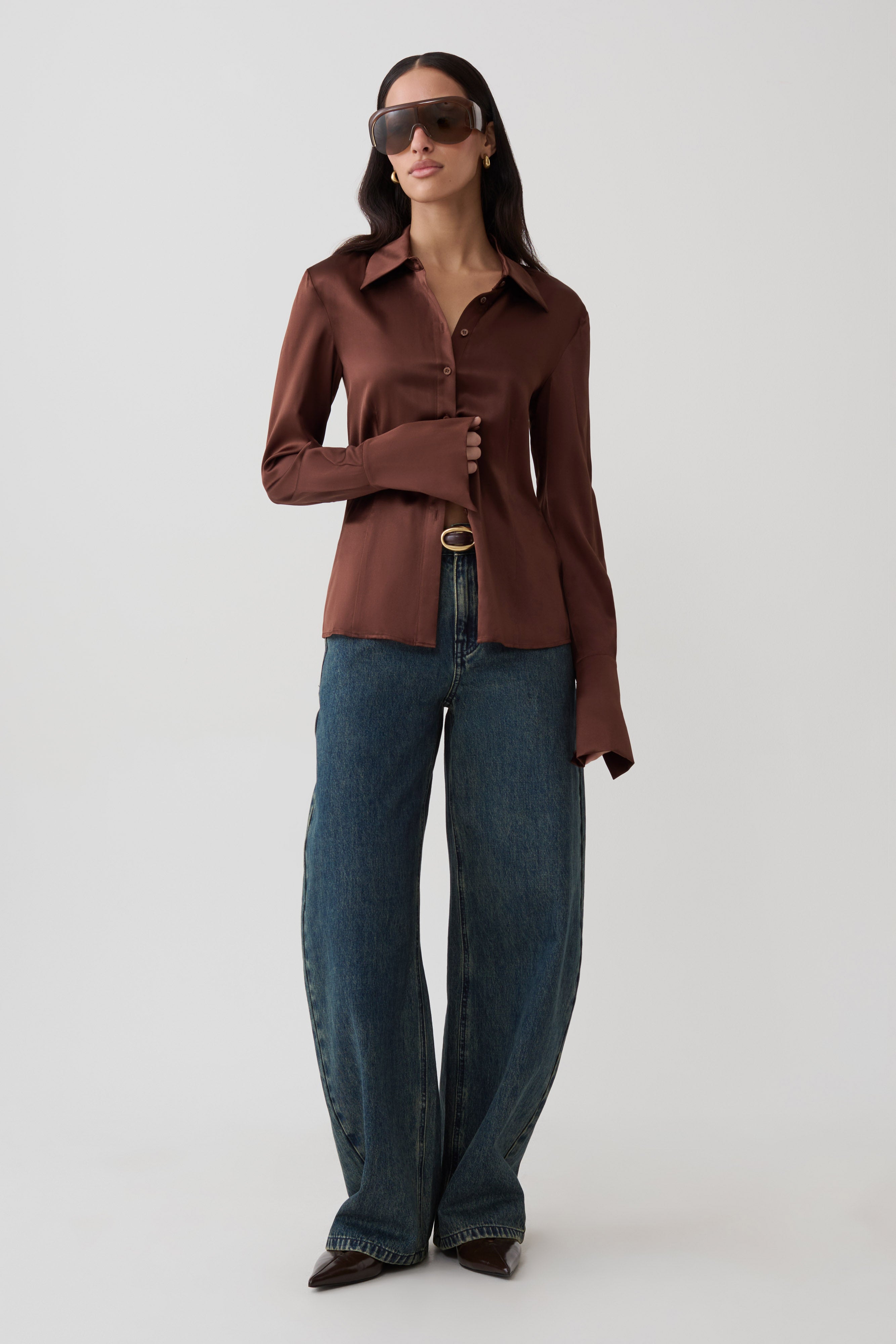 Queenie Silk Long Sleeve Shirt - Dark Chocolate | MESHKI US