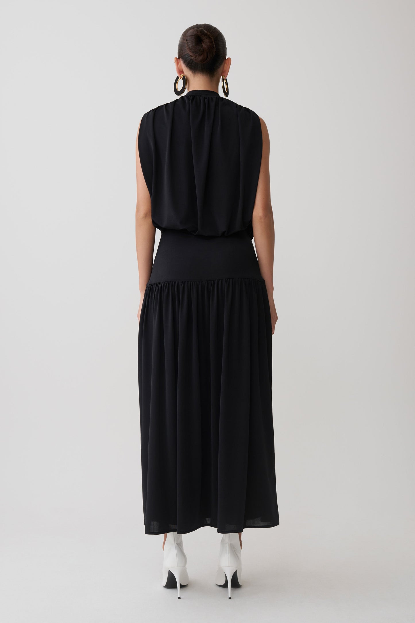 True Drop Waist Gathered Midi Dress - Black