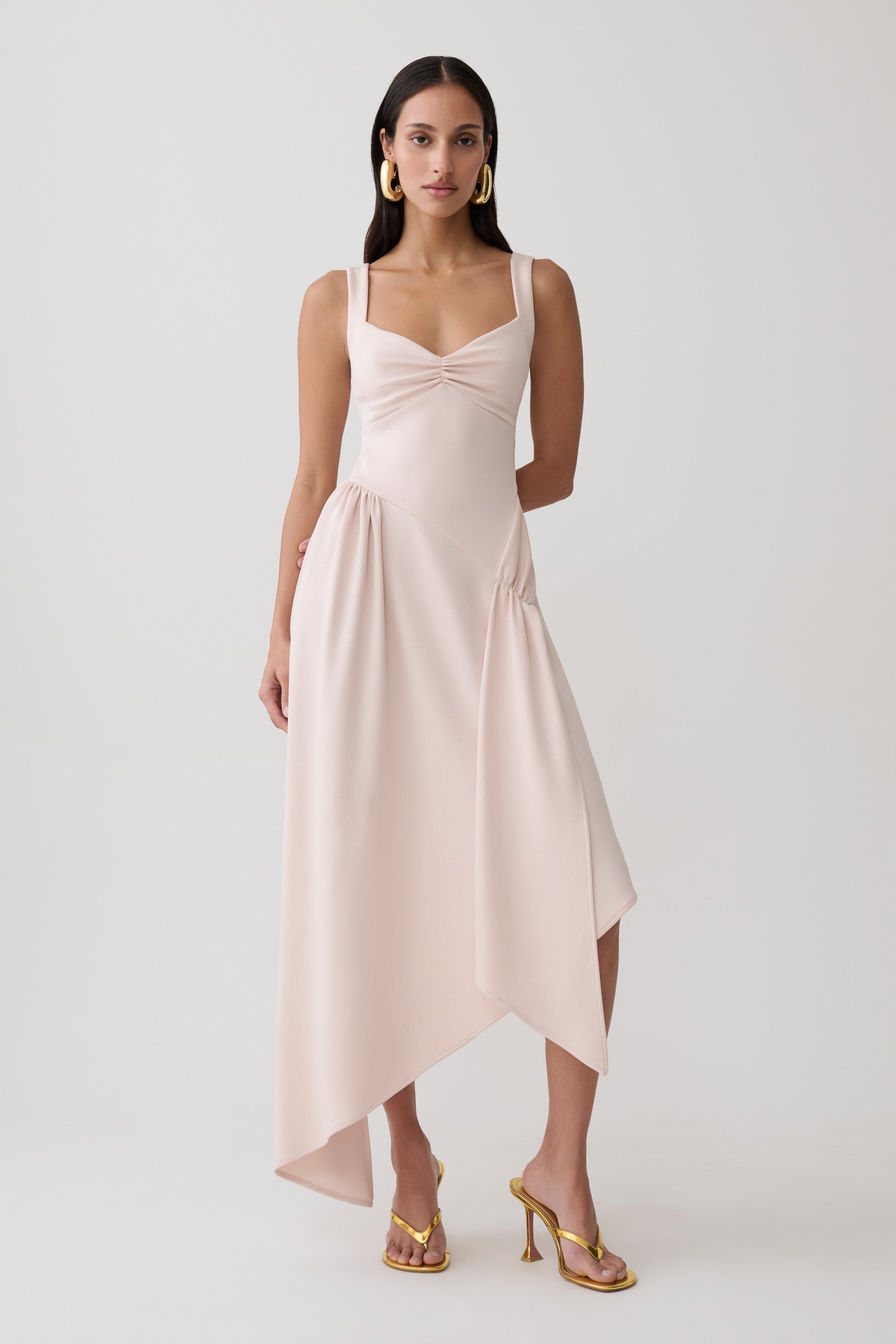 asymmetrical dress pink Cellini Asymmetric Hem Midi / Muted | MESHKI Scarlet Darkness Women's Renaissance this versatile dress exudes swatches-emily-maxi-dress Size:Size 5-6