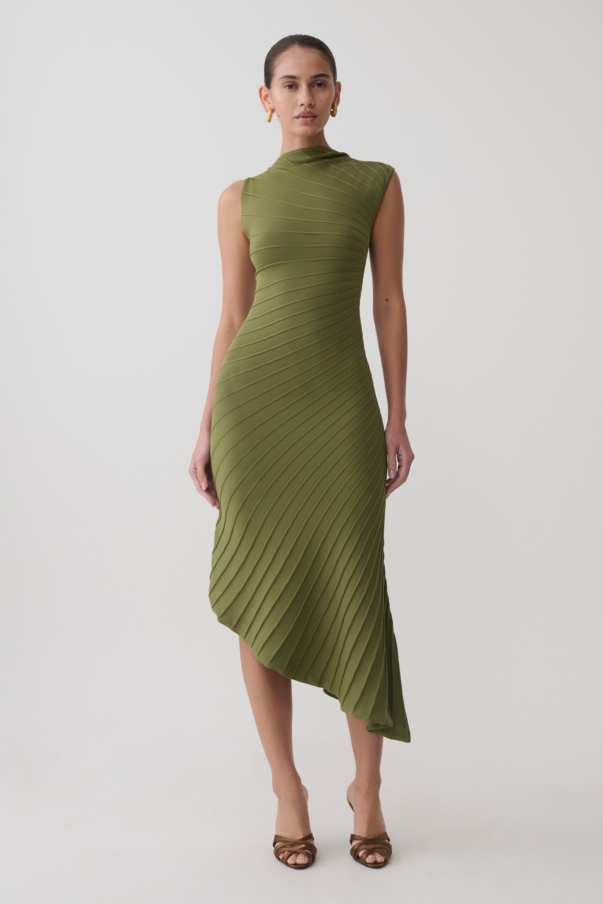 Milasandra Pleated Knit Dress / Olive | MESHKI