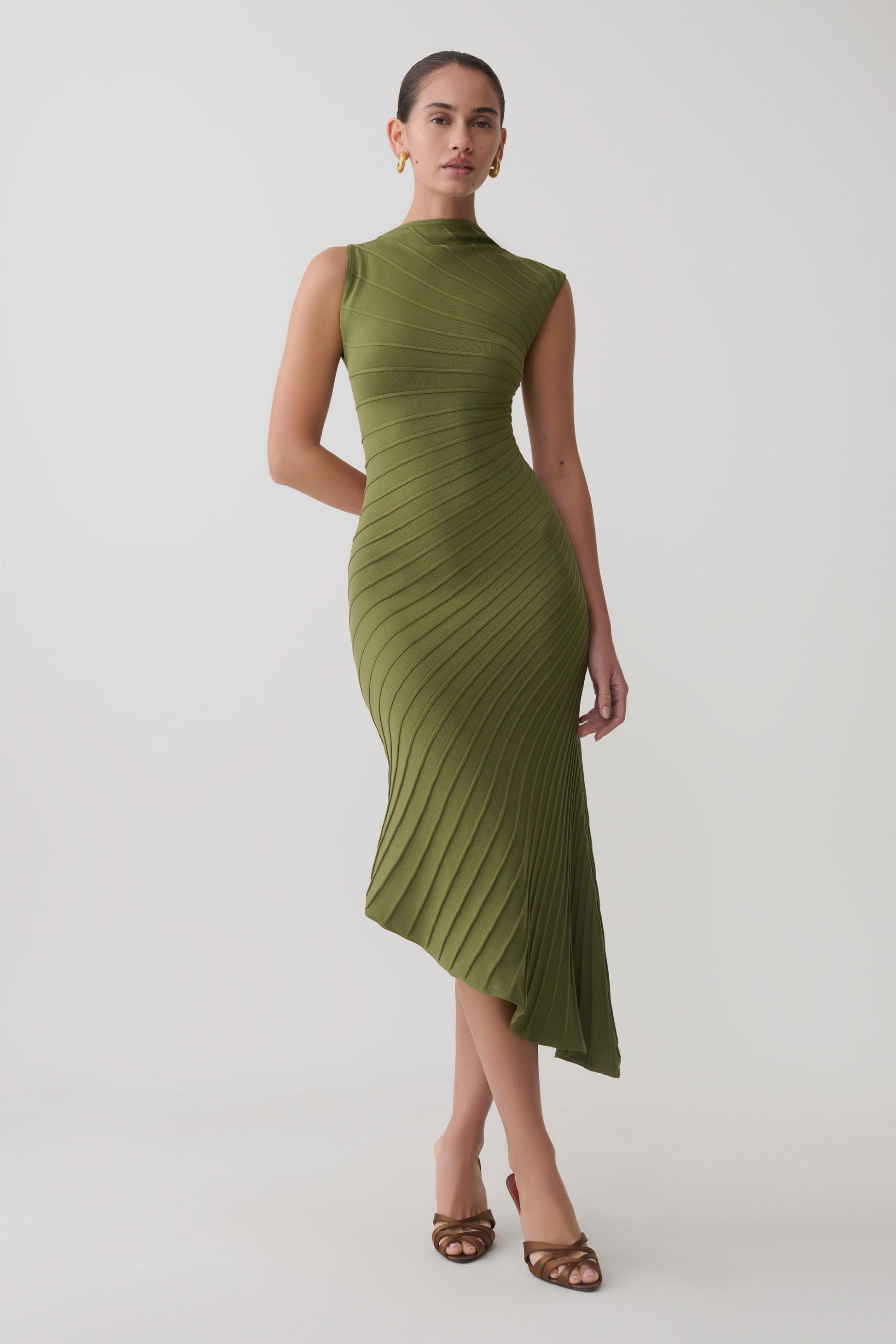 Milasandra Pleated Knit Dress / Olive | MESHKI