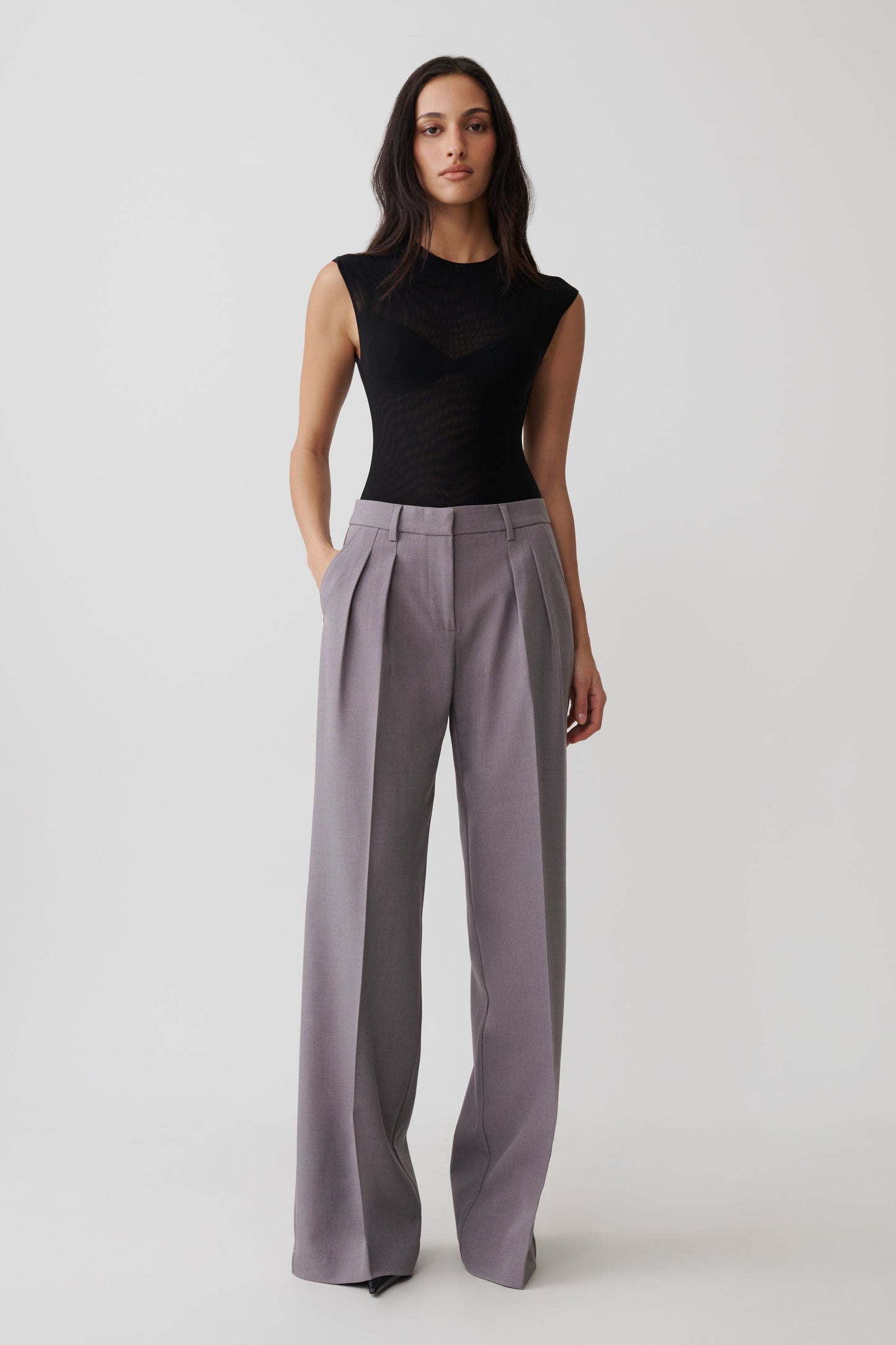 Phoebe Straight Leg Suiting Pants - Light Grey Marle