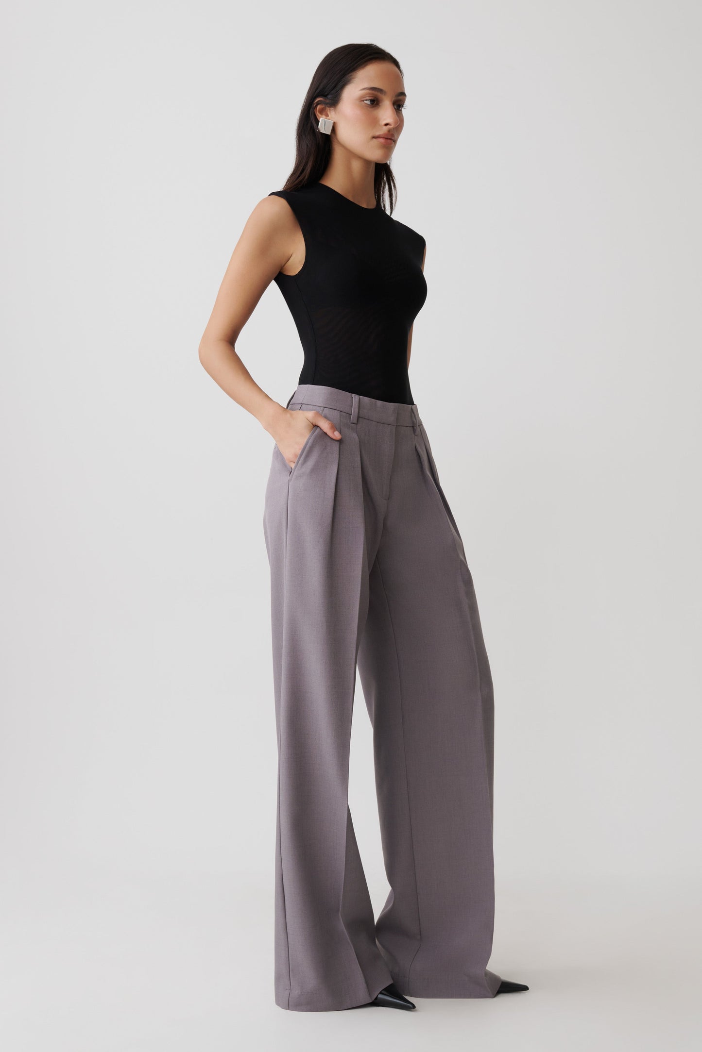 Phoebe Straight Leg Suiting Pants - Light Grey Marle