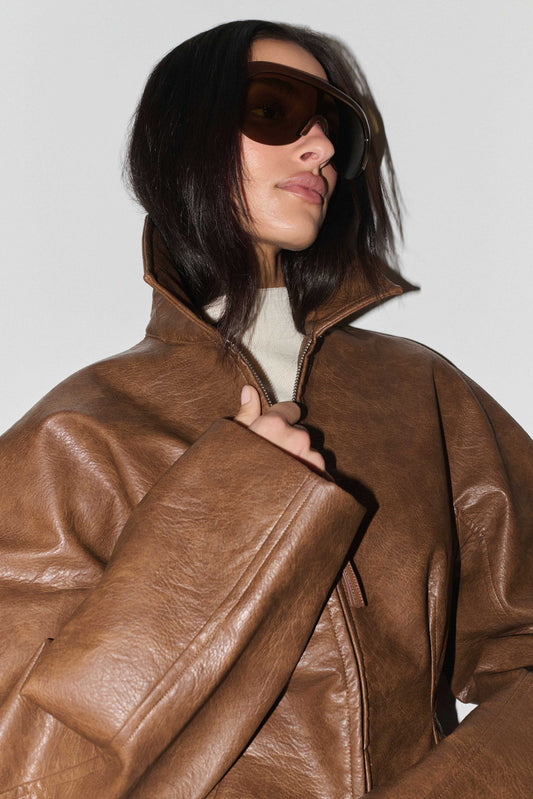 Telma Faux Leather Collared Jacket - Chocolate