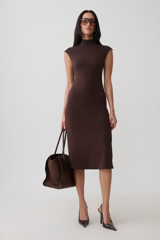Noelle Sleeveless Roll Neck Midi Dress - Dark Chocolate