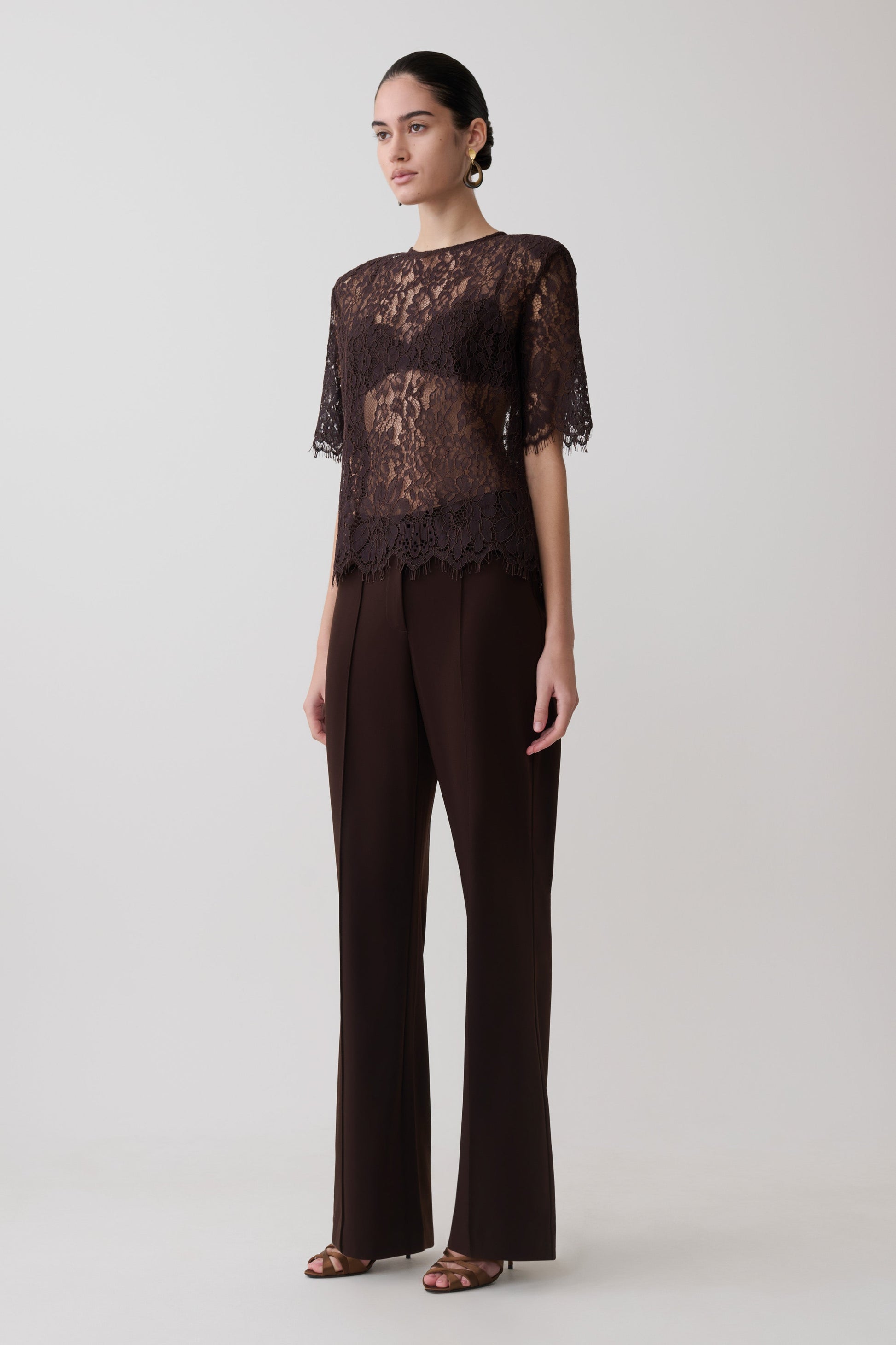 Harlyn Shoulder Pad Short Sleeve Lace Top - Dark Chocolate #4