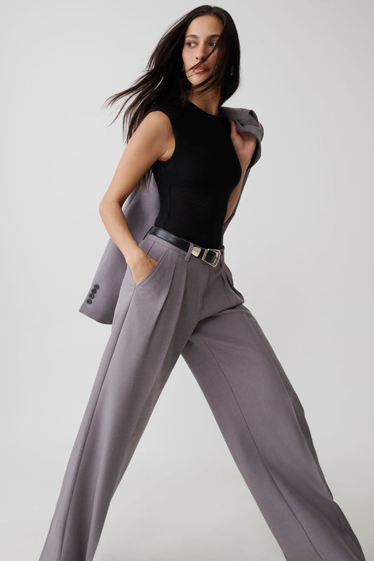 Phoebe Straight Leg Suiting Pants - Light Grey Marle