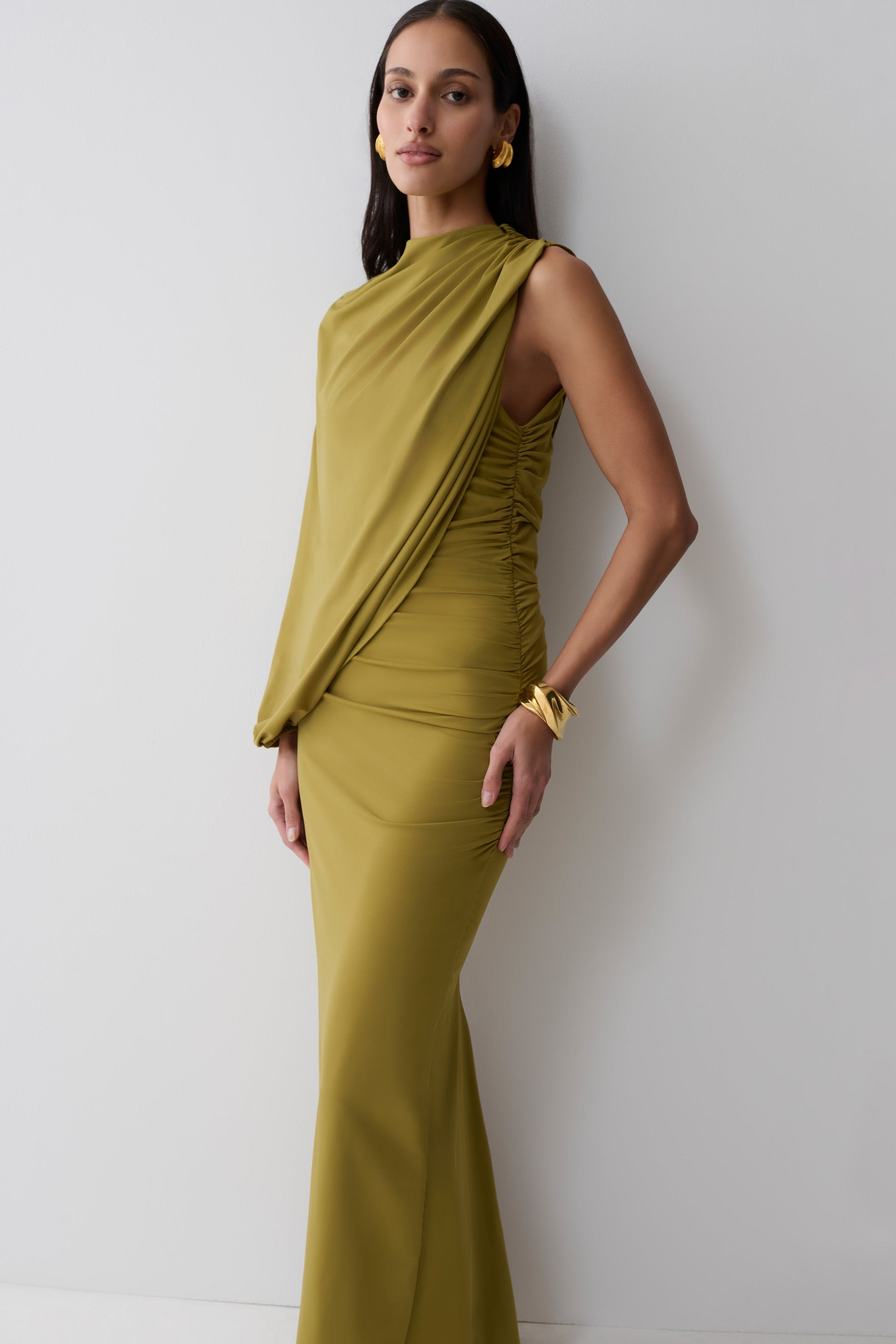 Yuri Gather Sleeve Maxi Dress - Martini Olive