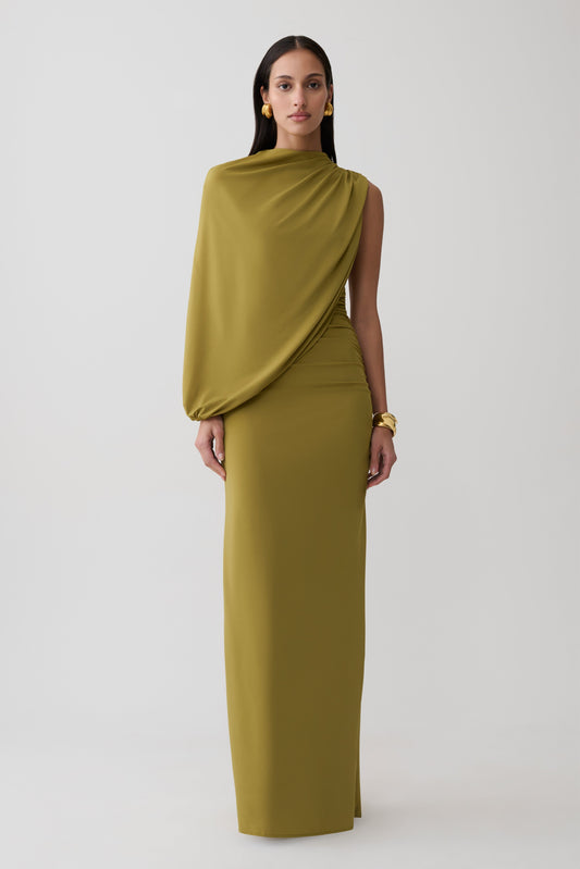 Yuri Gather Sleeve Maxi Dress - Martini Olive