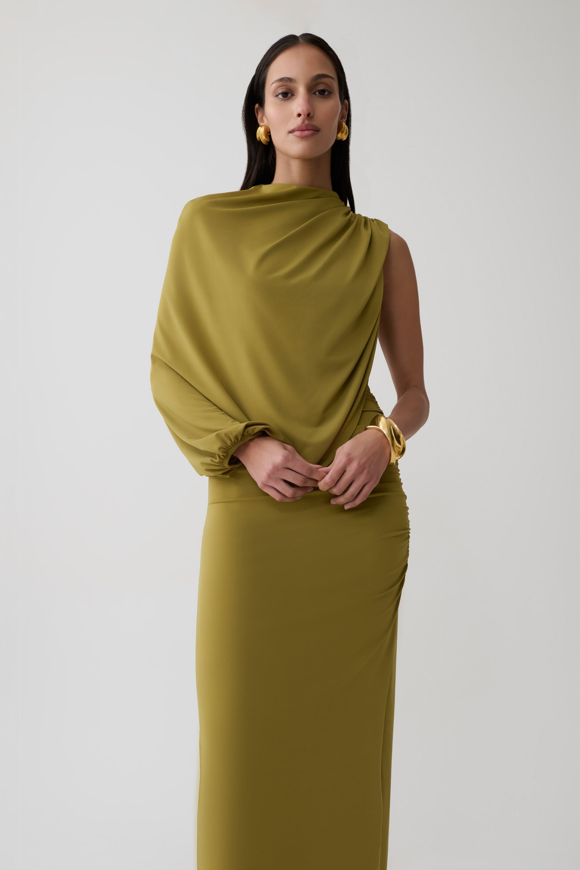 Yuri Gather Sleeve Maxi Dress / Martini Olive | MESHKI