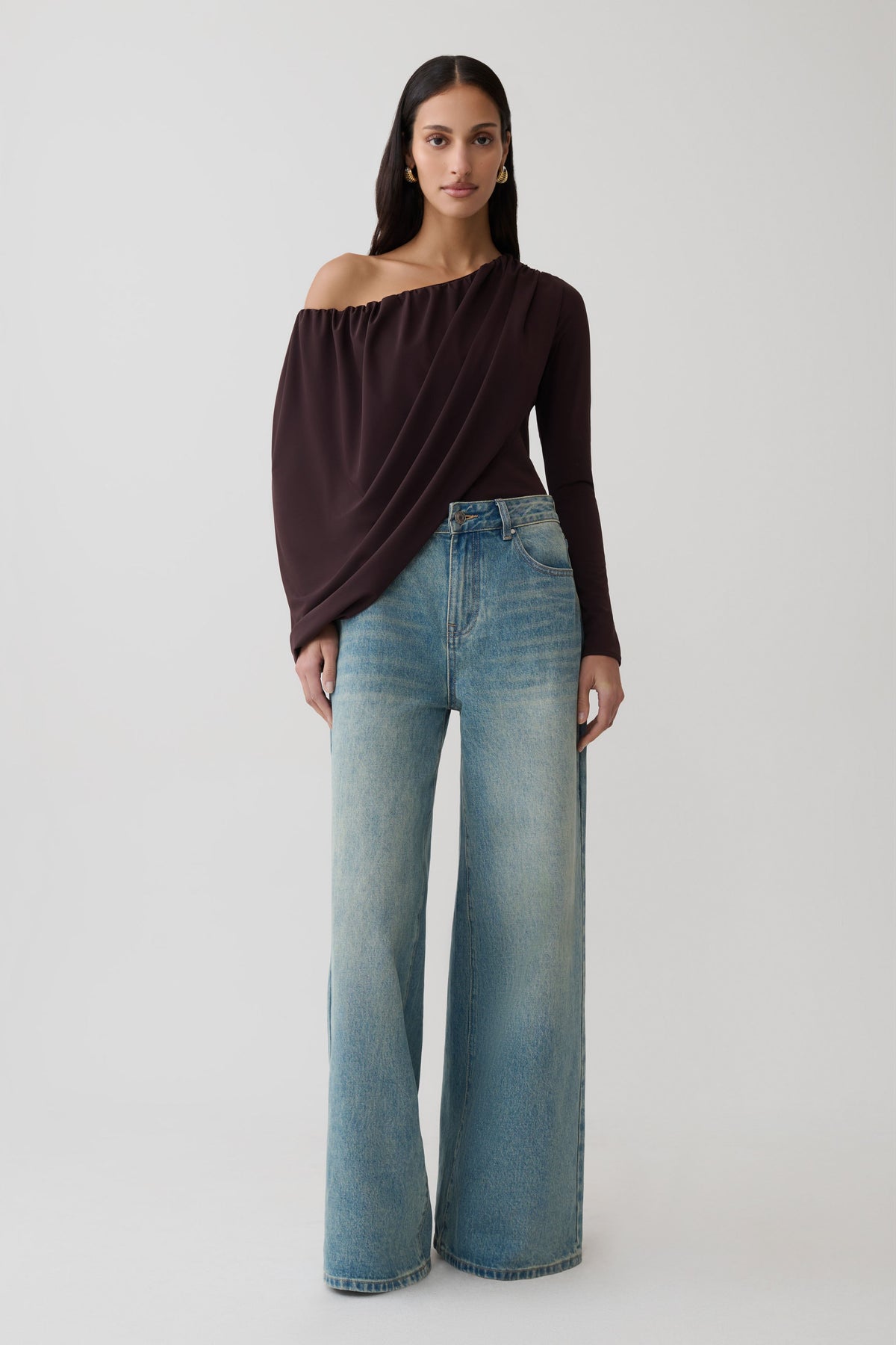 Yuri Long Sleeve Off Shoulder Draped Top - Chocolate