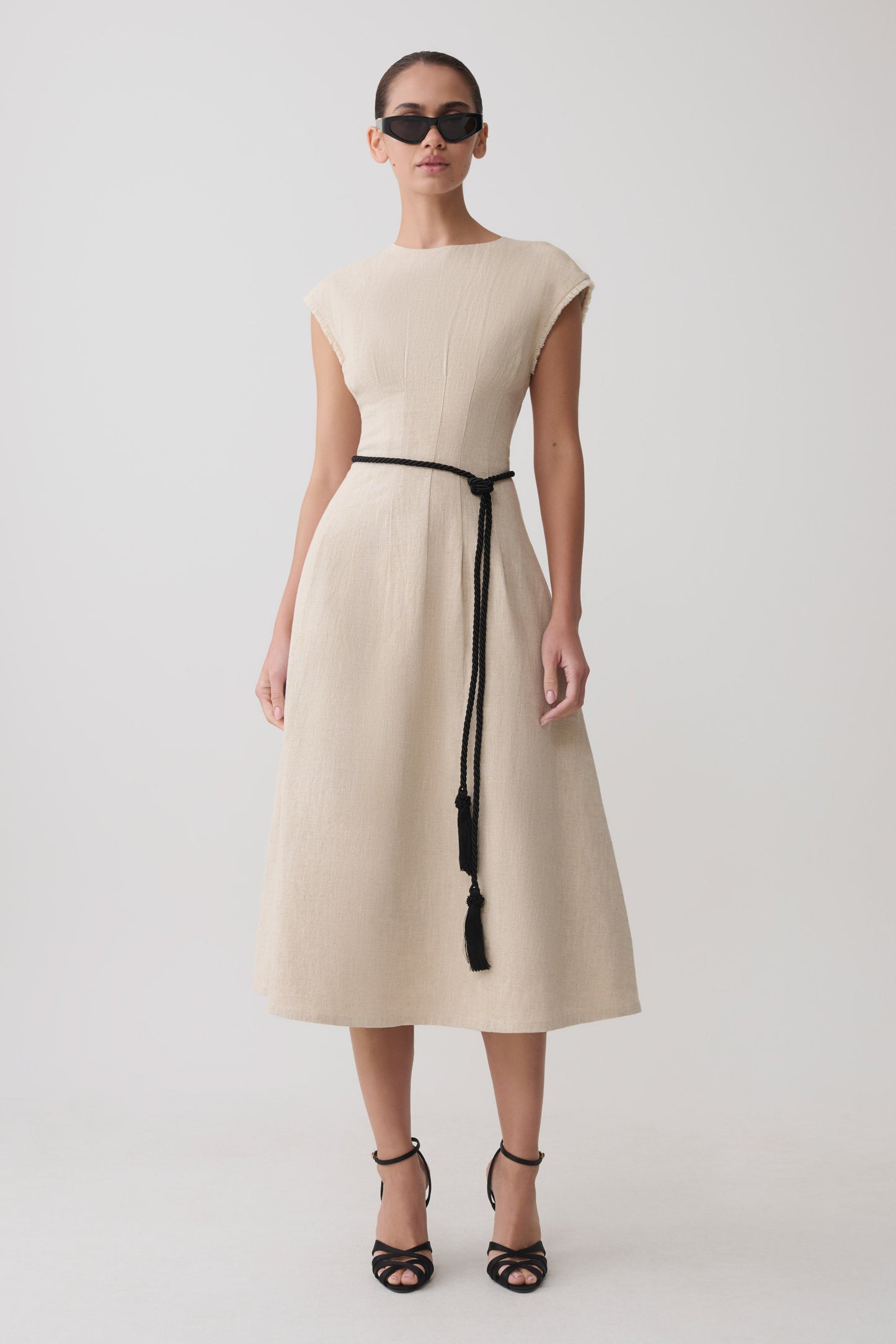 Zinia Linen Cap Sleeve Midi Dress - Natural