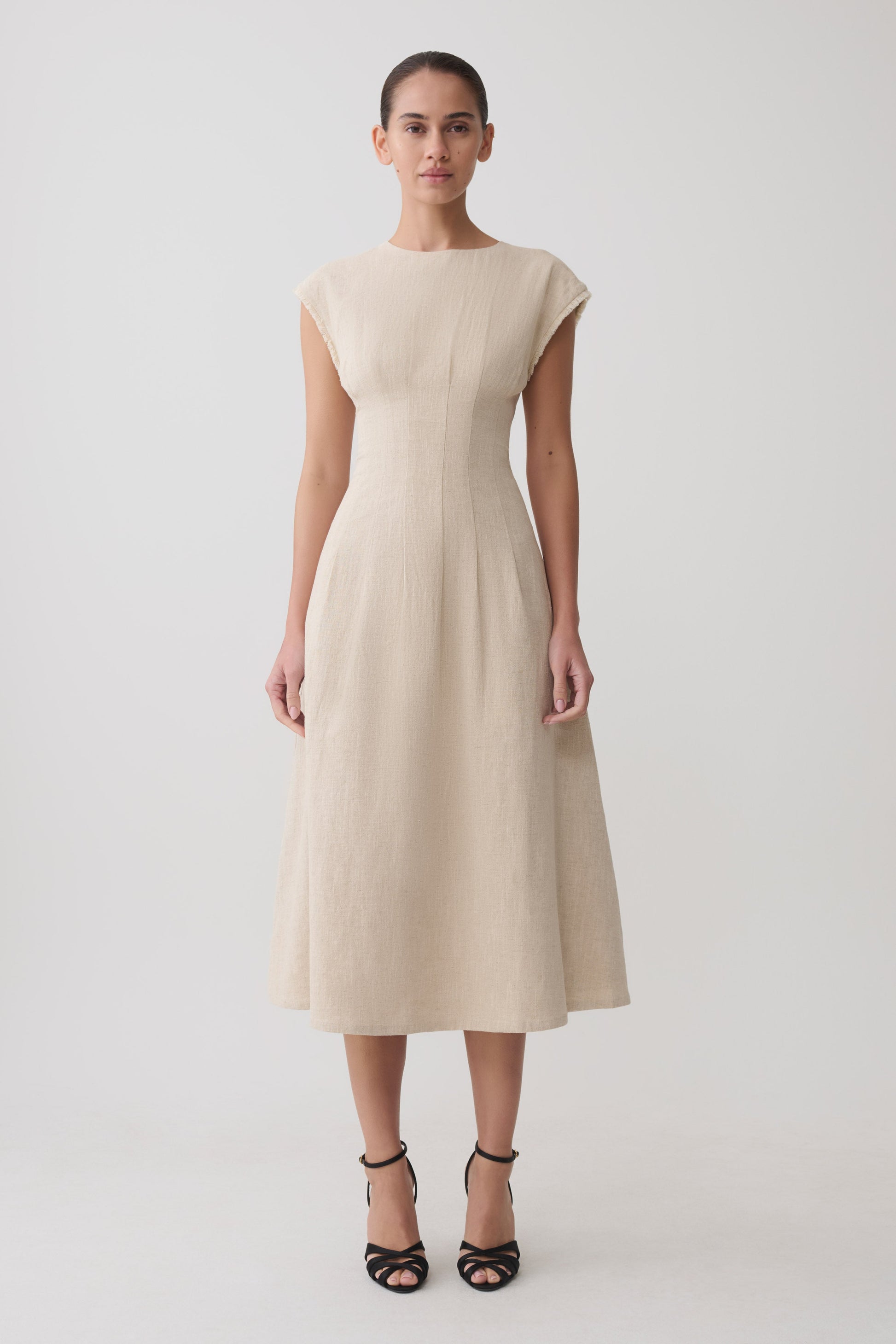 Zinia Linen Cap Sleeve Midi Dress - Natural