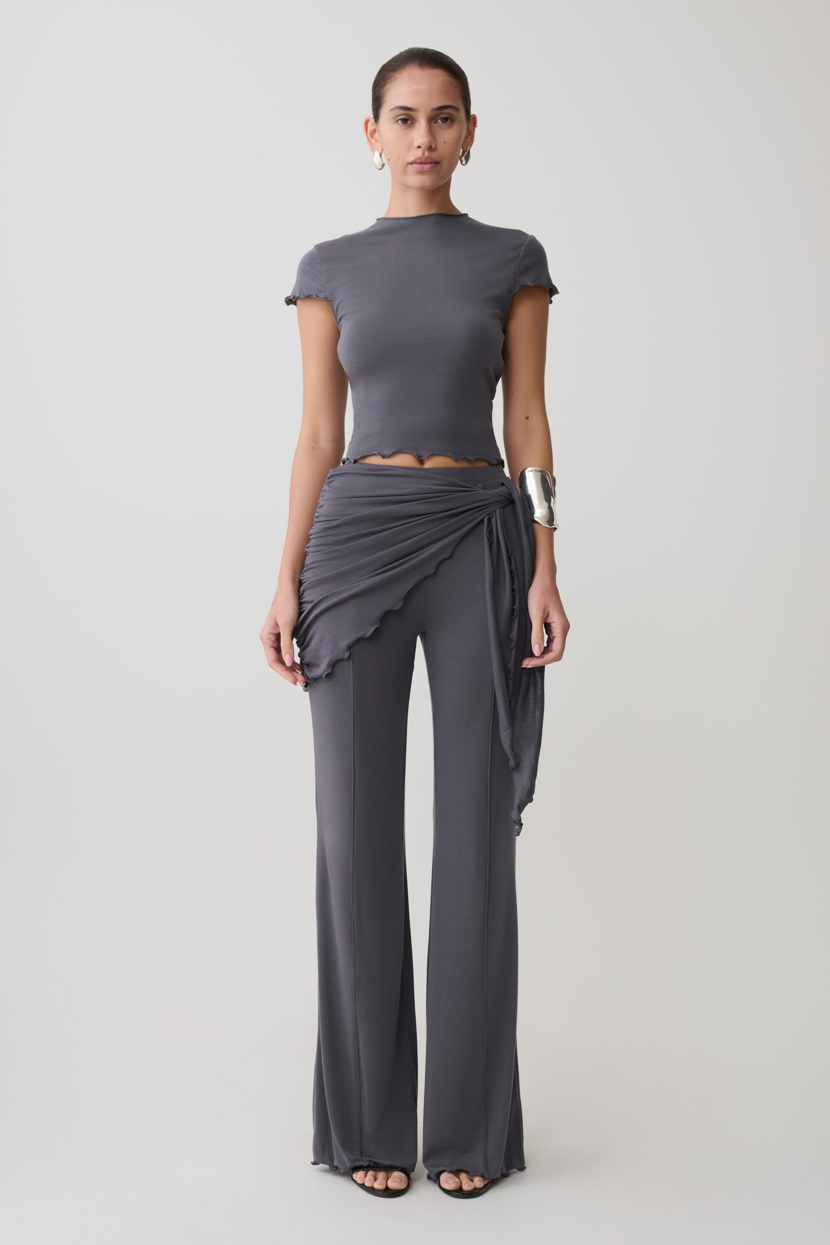 Anfie High Neck Top With Piping Detail - Grey | MESHKI US