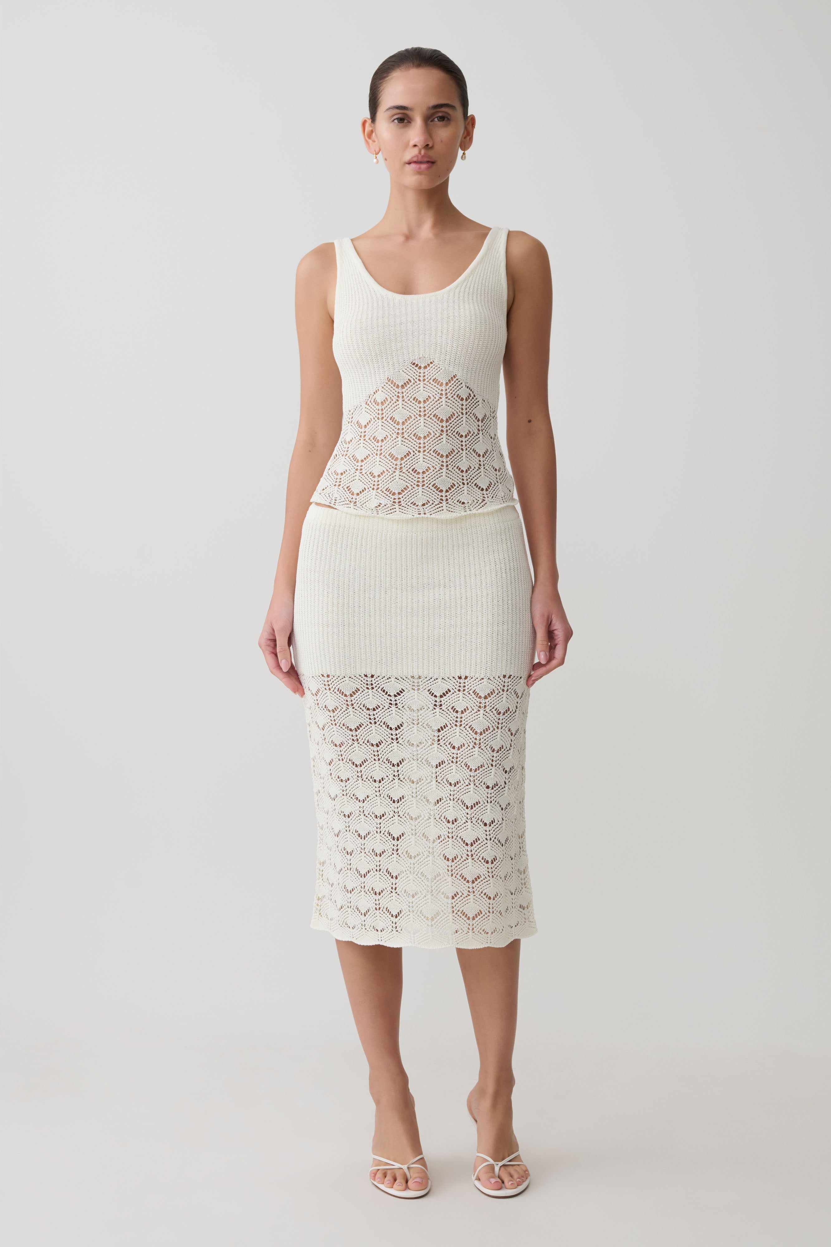 Atlantis Crochet Knit Midi Skirt - White | MESHKI US